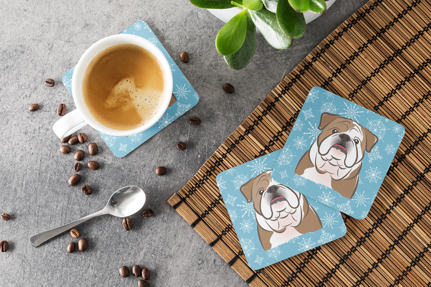 Snowflake English Bulldog  Foam Coasters Set of 4 Cup Coasters for Indoor Outdoor, Tabletop Protection, Anti Slip, Mouse pad Material