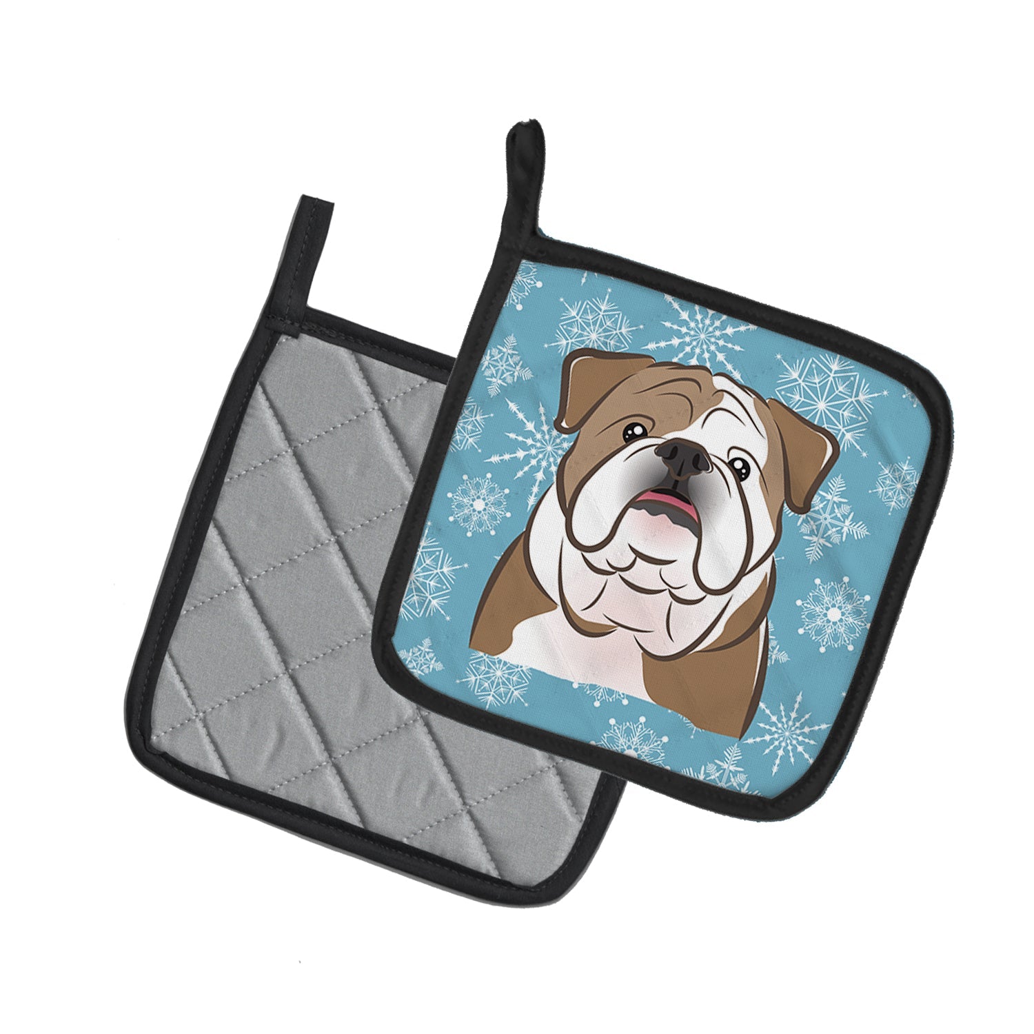 Snowflake English Bulldog  Pot Holder Set of 2 Heat Resistant Quilted Hot Pads 7.5 x 7.5 Inch, Insulated Kitchen Trivets for Cooking & Baking