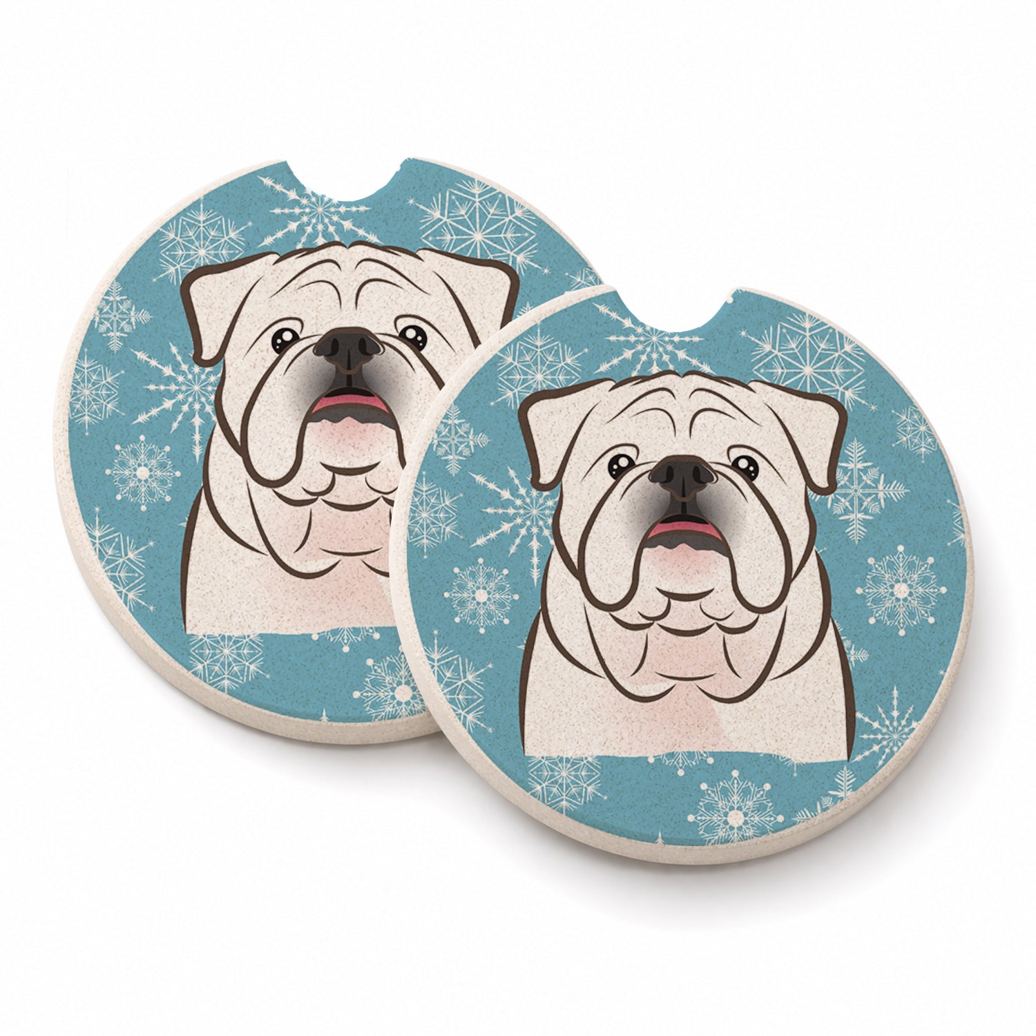 Snowflake White English Bulldog  Set of 2 Cup Holder Car Coasters Absorbent Round Sandstone Coasters Gifts for Men or Women, 2.5, Multicolor