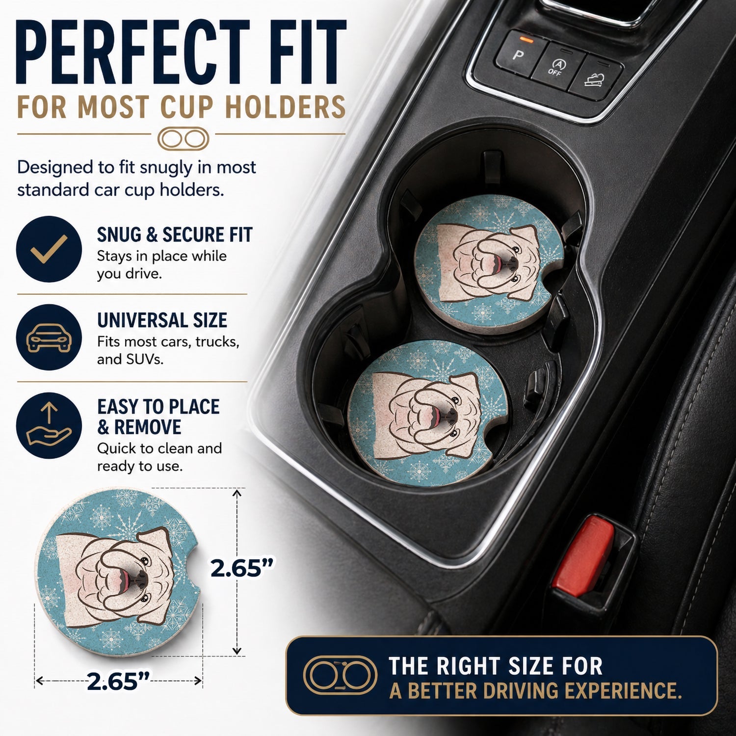 Snowflake White English Bulldog  Set of 2 Cup Holder Car Coasters Absorbent Round Sandstone Coasters Gifts for Men or Women, 2.5, Multicolor