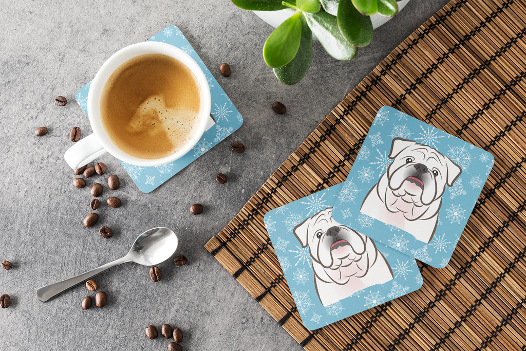 Snowflake White English Bulldog  Foam Coasters Set of 4 Cup Coasters for Indoor Outdoor, Tabletop Protection, Anti Slip, Mouse pad Material