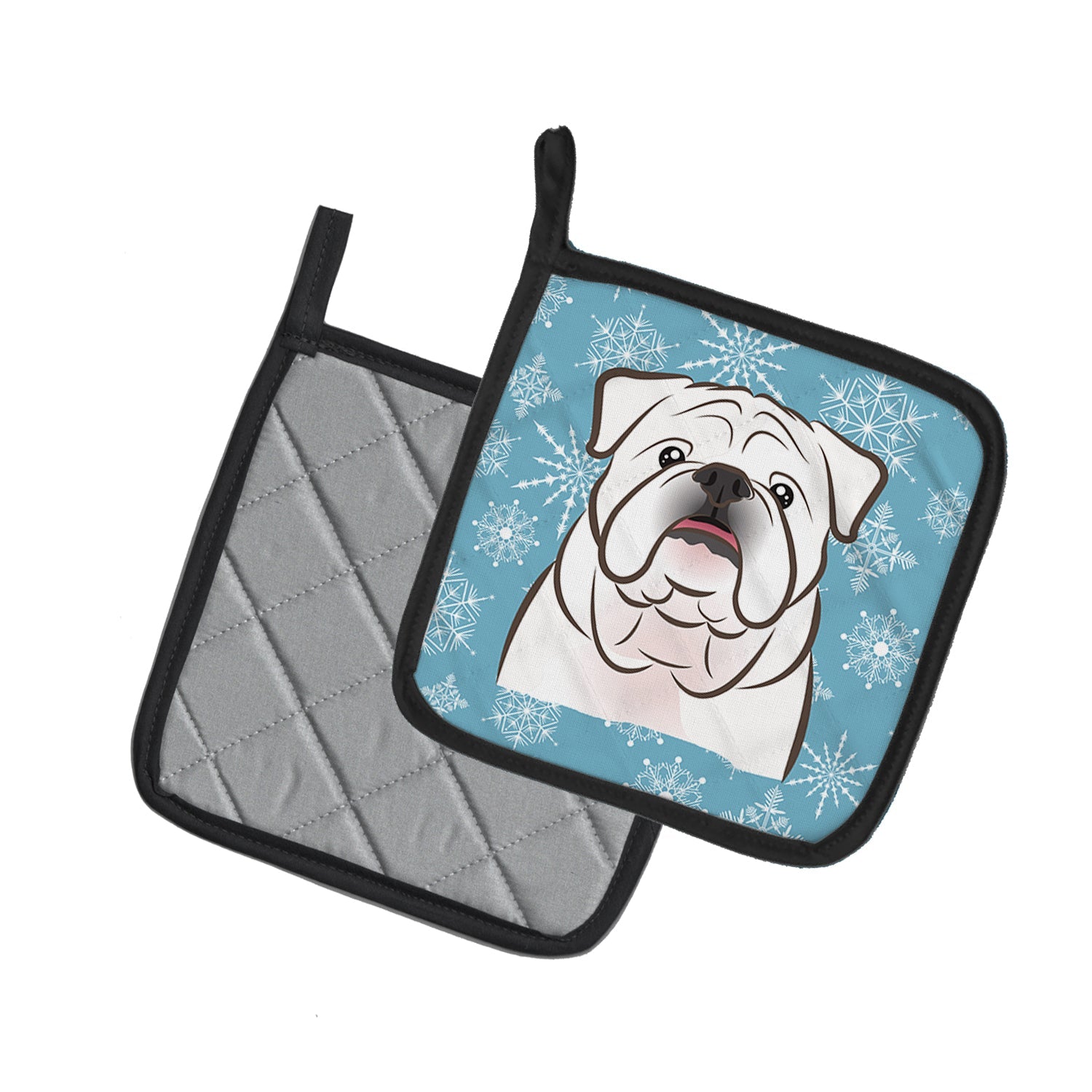 Snowflake White English Bulldog  Pot Holder Set of 2 Heat Resistant Quilted Hot Pads 7.5 x 7.5 Inch, Insulated Kitchen Trivets for Cooking & Baking
