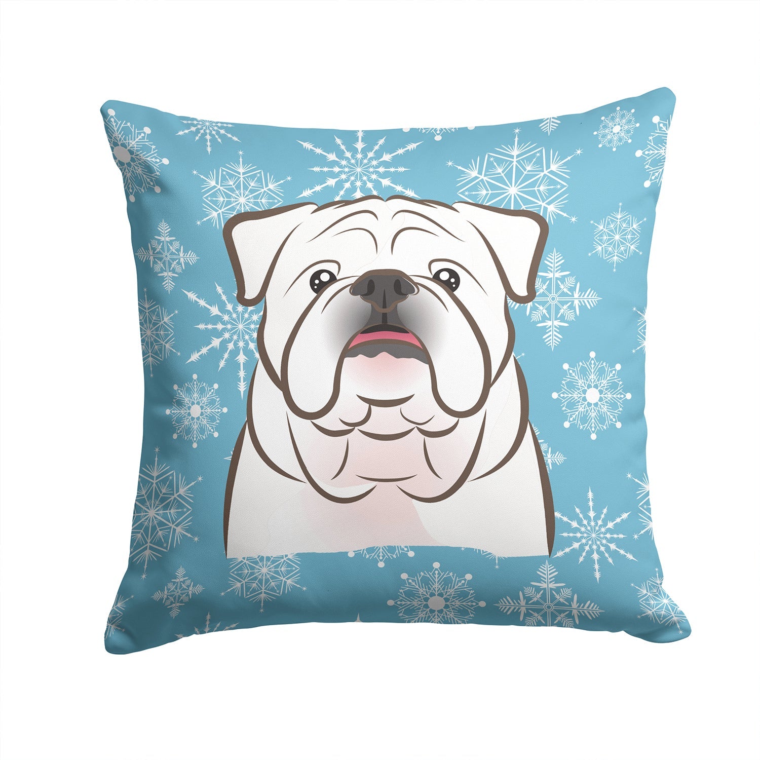 Snowflake White English Bulldog  Decorative Throw Pillow 14x14 Indoor Outdoor Accent Cushion, Fabric Cover with Insert for Sofa, Bed, Porch & Living Room