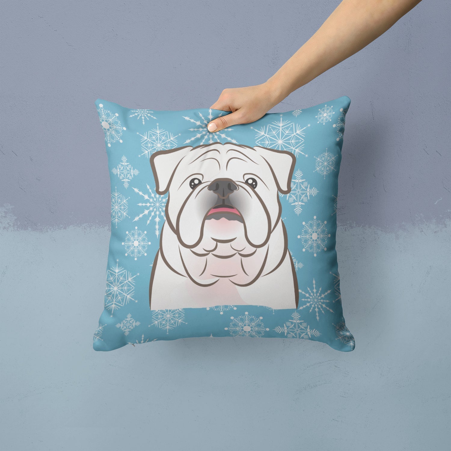 Snowflake White English Bulldog  Decorative Throw Pillow 14x14 Indoor Outdoor Accent Cushion, Fabric Cover with Insert for Sofa, Bed, Porch & Living Room