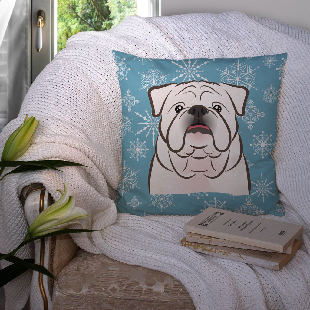 Snowflake White English Bulldog  Decorative Throw Pillow 14x14 Indoor Outdoor Accent Cushion, Fabric Cover with Insert for Sofa, Bed, Porch & Living Room
