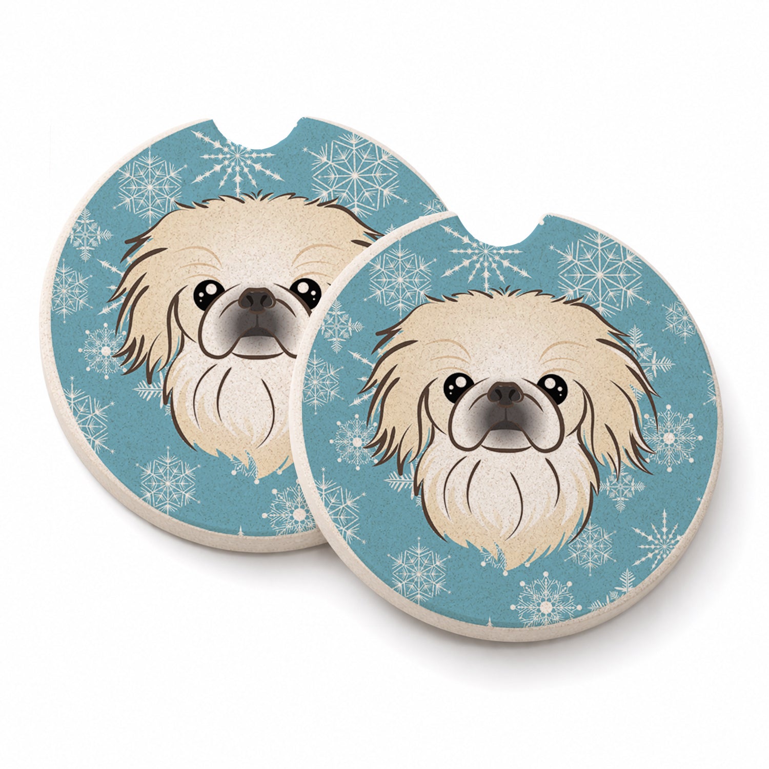 Snowflake Pekingese Set of 2 Cup Holder Car Coasters Absorbent Round Sandstone Coasters Gifts for Men or Women, 2.5, Multicolor
