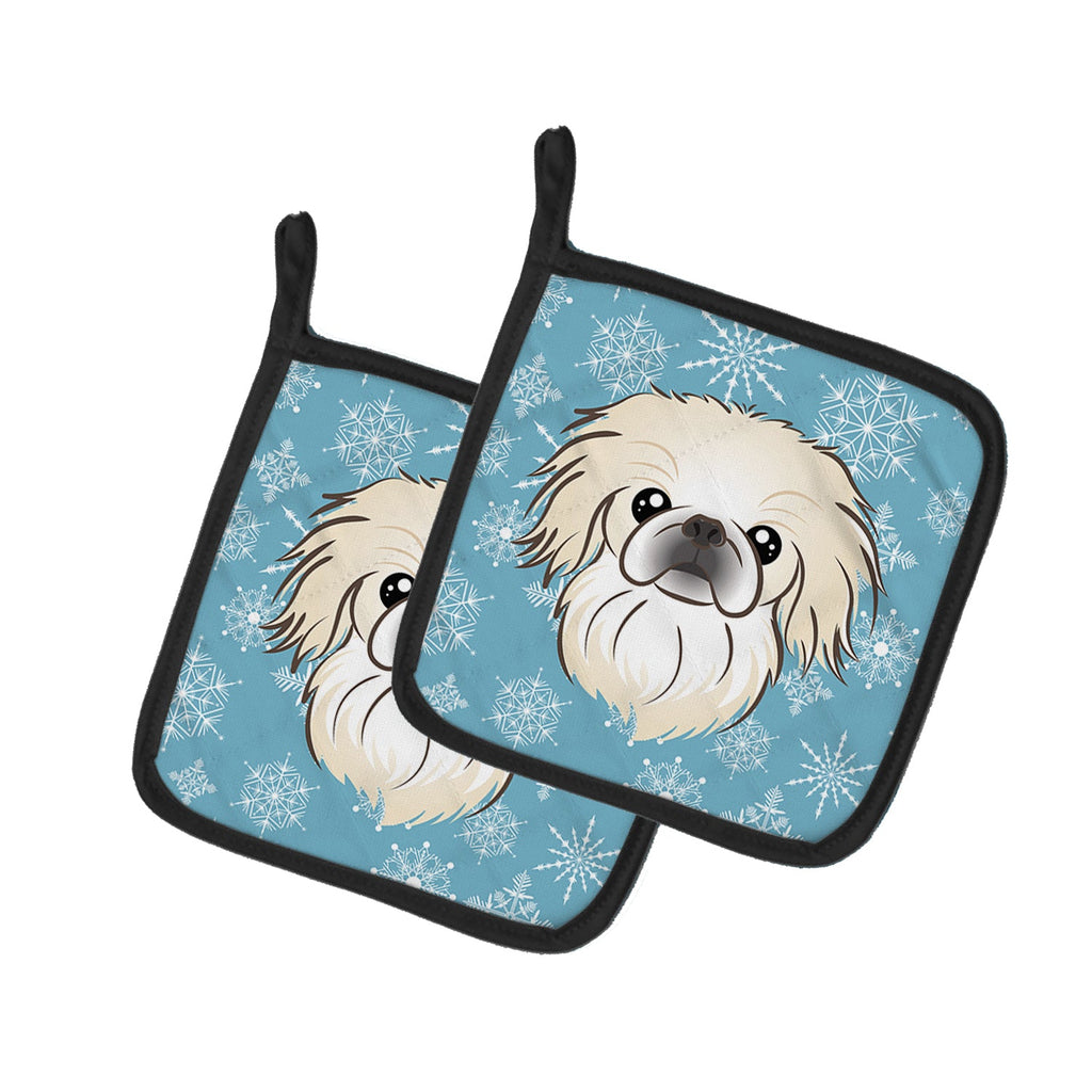 Snowflake Pekingese Pot Holder Set of 2 Heat Resistant Quilted Hot Pads 7.5 x 7.5 Inch, Insulated Kitchen Trivets for Cooking & Baking