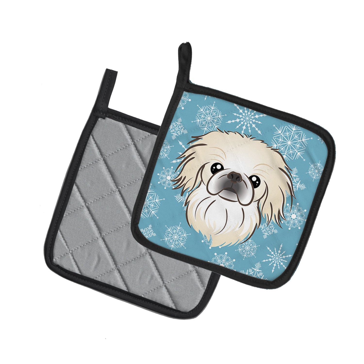 Snowflake Pekingese Pot Holder Set of 2 Heat Resistant Quilted Hot Pads 7.5 x 7.5 Inch, Insulated Kitchen Trivets for Cooking & Baking