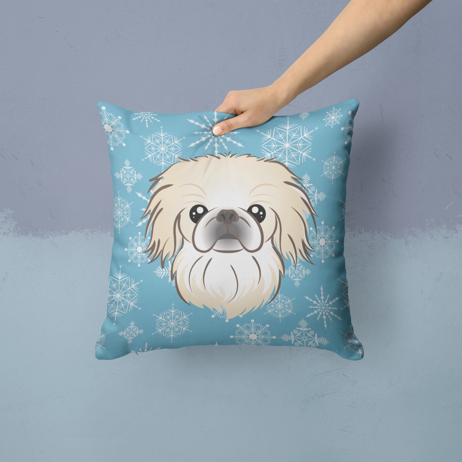 Snowflake Pekingese Decorative Throw Pillow 14x14 Indoor Outdoor Accent Cushion, Fabric Cover with Insert for Sofa, Bed, Porch & Living Room