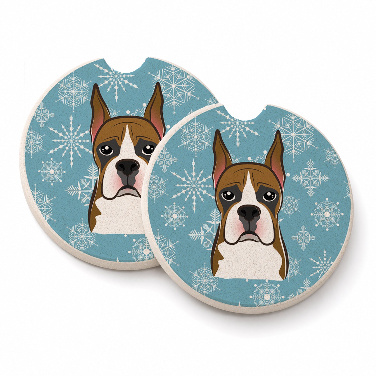 Snowflake Boxer Set of 2 Cup Holder Car Coasters Absorbent Round Sandstone Coasters Gifts for Men or Women, 2.5, Multicolor