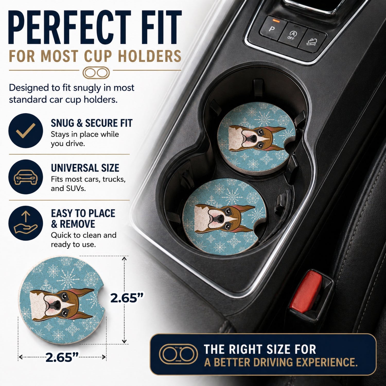 Snowflake Boxer Set of 2 Cup Holder Car Coasters Absorbent Round Sandstone Coasters Gifts for Men or Women, 2.5, Multicolor