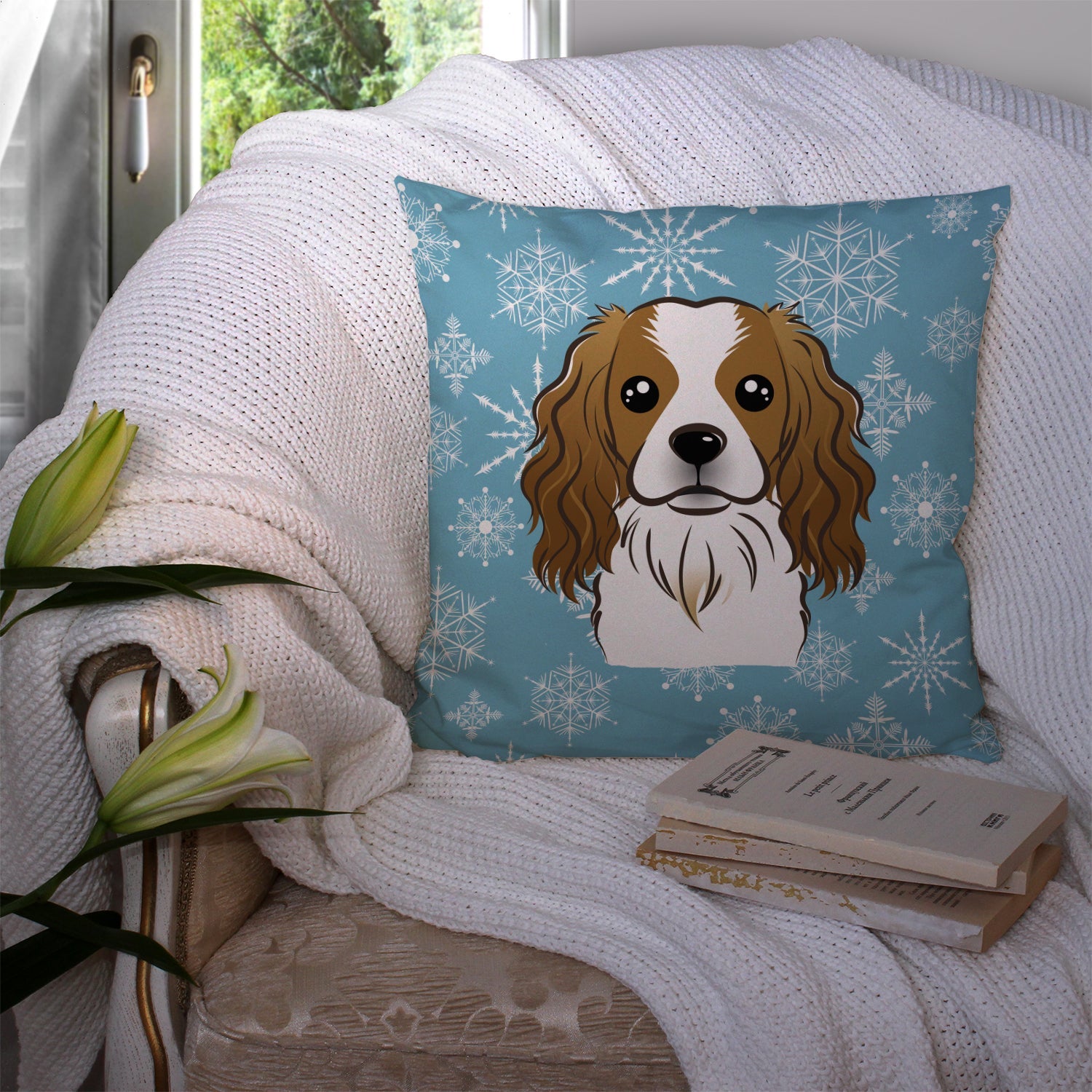 Snowflake Cavalier Spaniel Decorative Throw Pillow 14x14 Indoor Outdoor Accent Cushion, Fabric Cover with Insert for Sofa, Bed, Porch & Living Room