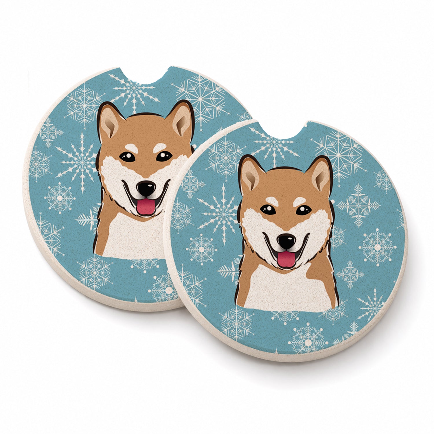Snowflake Shiba Inu Set of 2 Cup Holder Car Coasters Absorbent Round Sandstone Coasters Gifts for Men or Women, 2.5, Multicolor