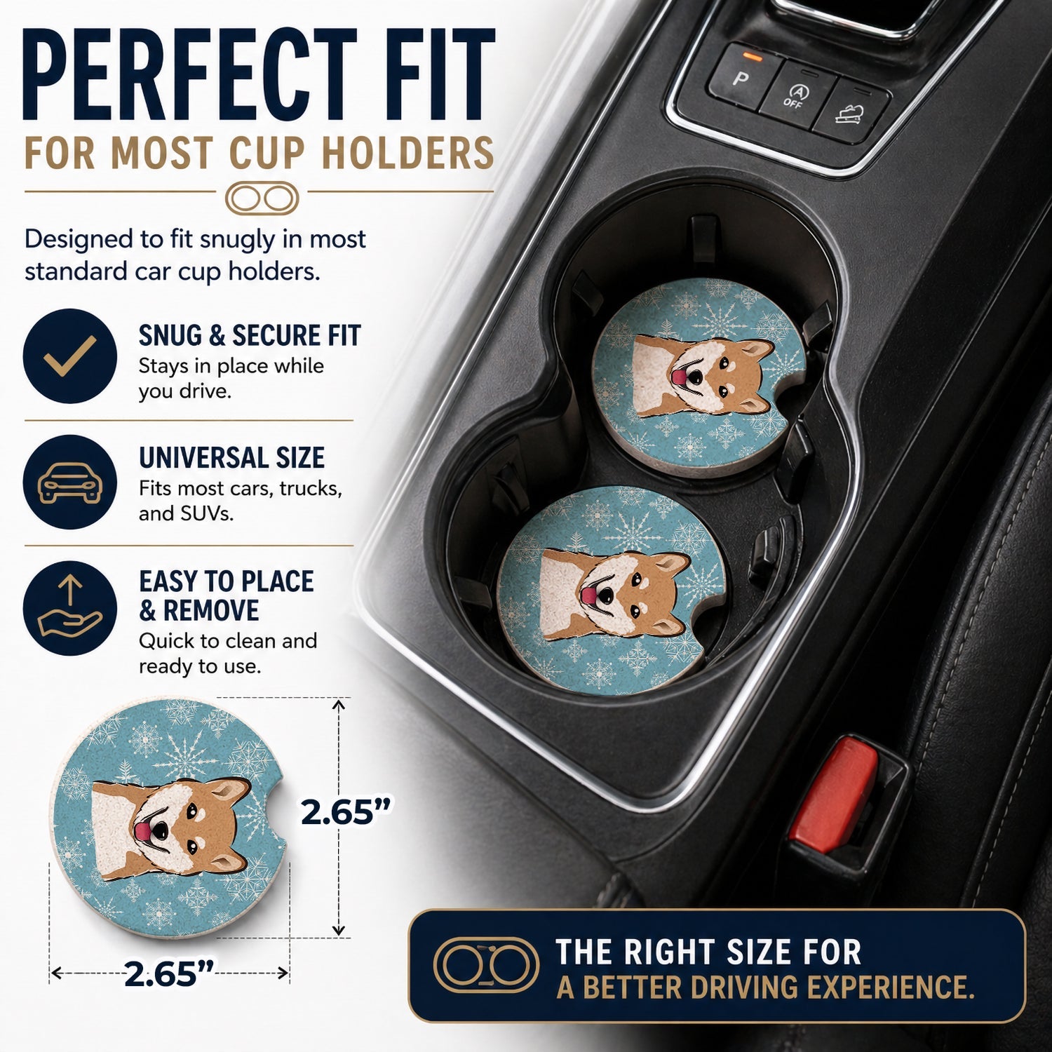 Snowflake Shiba Inu Set of 2 Cup Holder Car Coasters Absorbent Round Sandstone Coasters Gifts for Men or Women, 2.5, Multicolor