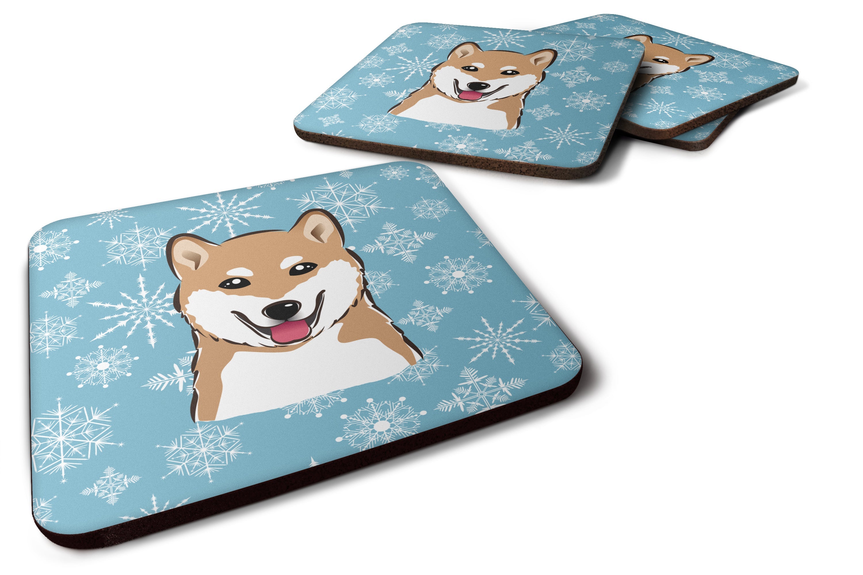 Snowflake Shiba Inu Foam Coasters Set of 4 Cup Coasters for Indoor Outdoor, Tabletop Protection, Anti Slip, Mouse pad Material