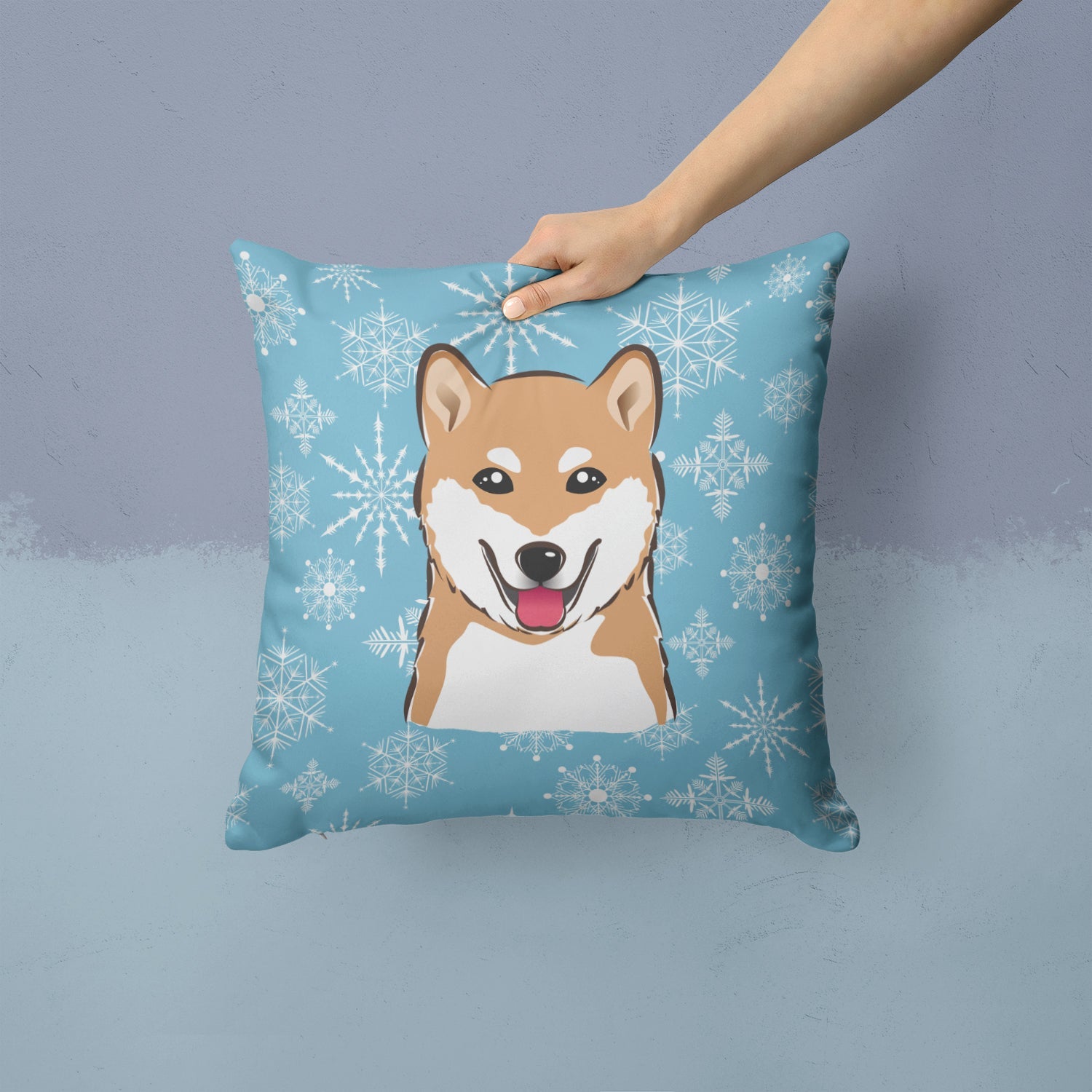 Snowflake Shiba Inu Decorative Throw Pillow 14x14 Indoor Outdoor Accent Cushion, Fabric Cover with Insert for Sofa, Bed, Porch & Living Room