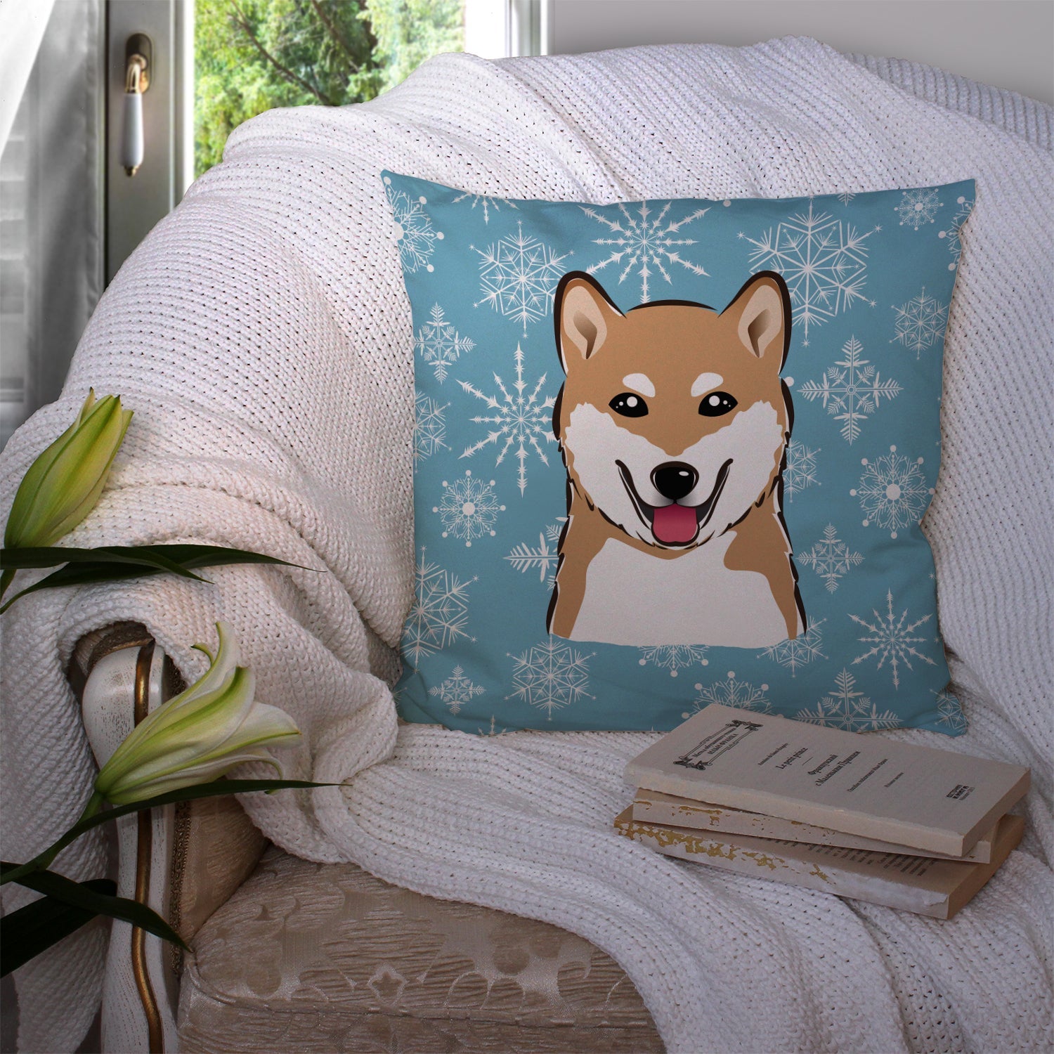 Snowflake Shiba Inu Decorative Throw Pillow 14x14 Indoor Outdoor Accent Cushion, Fabric Cover with Insert for Sofa, Bed, Porch & Living Room