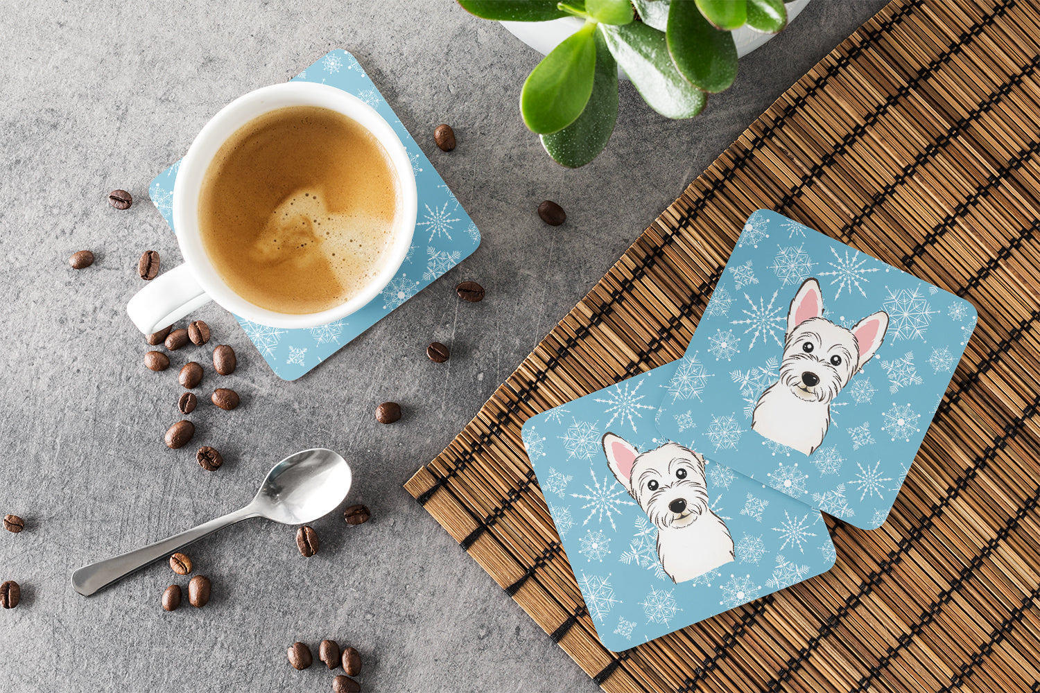 Snowflake Westie Foam Coasters Set of 4 Cup Coasters for Indoor Outdoor, Tabletop Protection, Anti Slip, Mouse pad Material