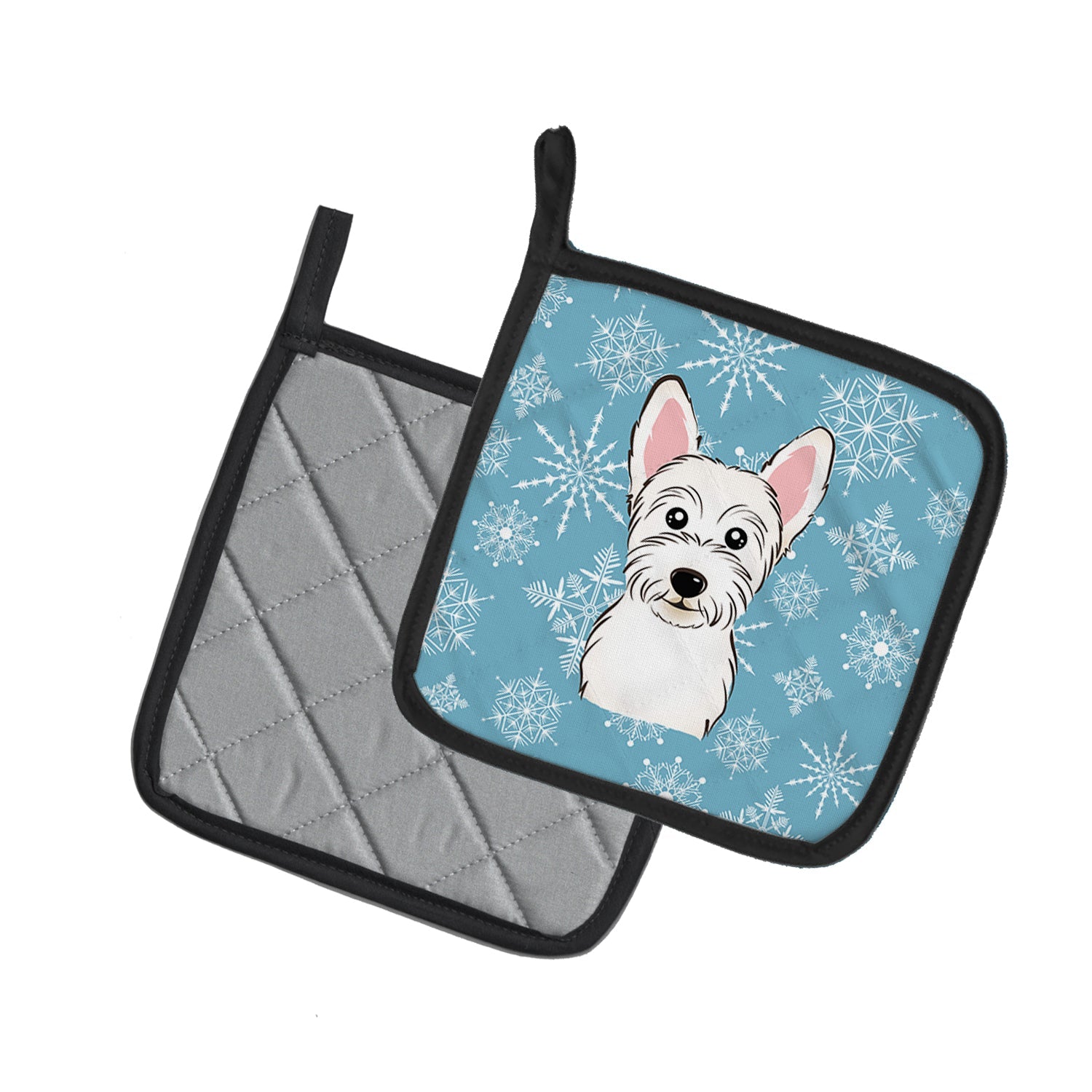 Snowflake Westie Pot Holder Set of 2 Heat Resistant Quilted Hot Pads 7.5 x 7.5 Inch, Insulated Kitchen Trivets for Cooking & Baking