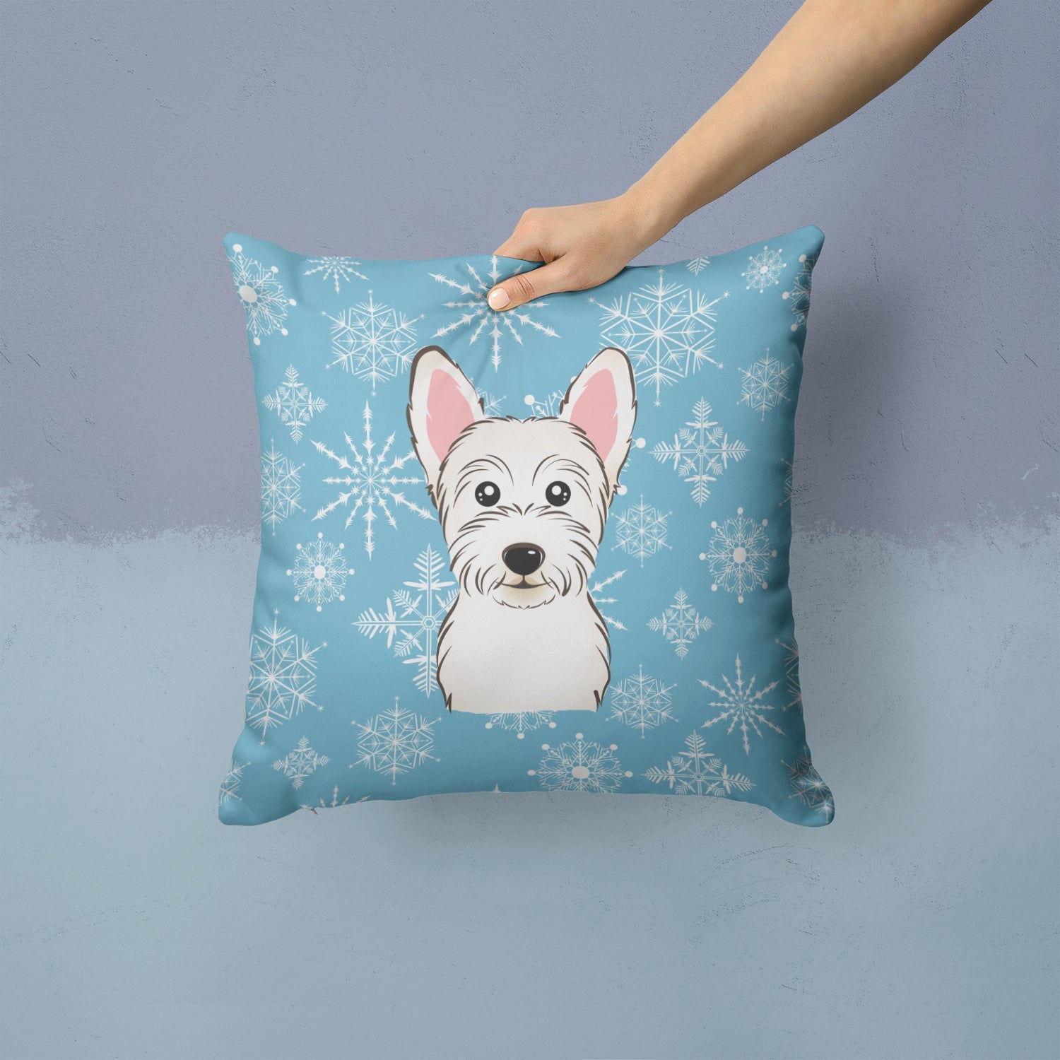 Snowflake Westie Decorative Throw Pillow 14x14 Indoor Outdoor Accent Cushion, Fabric Cover with Insert for Sofa, Bed, Porch & Living Room