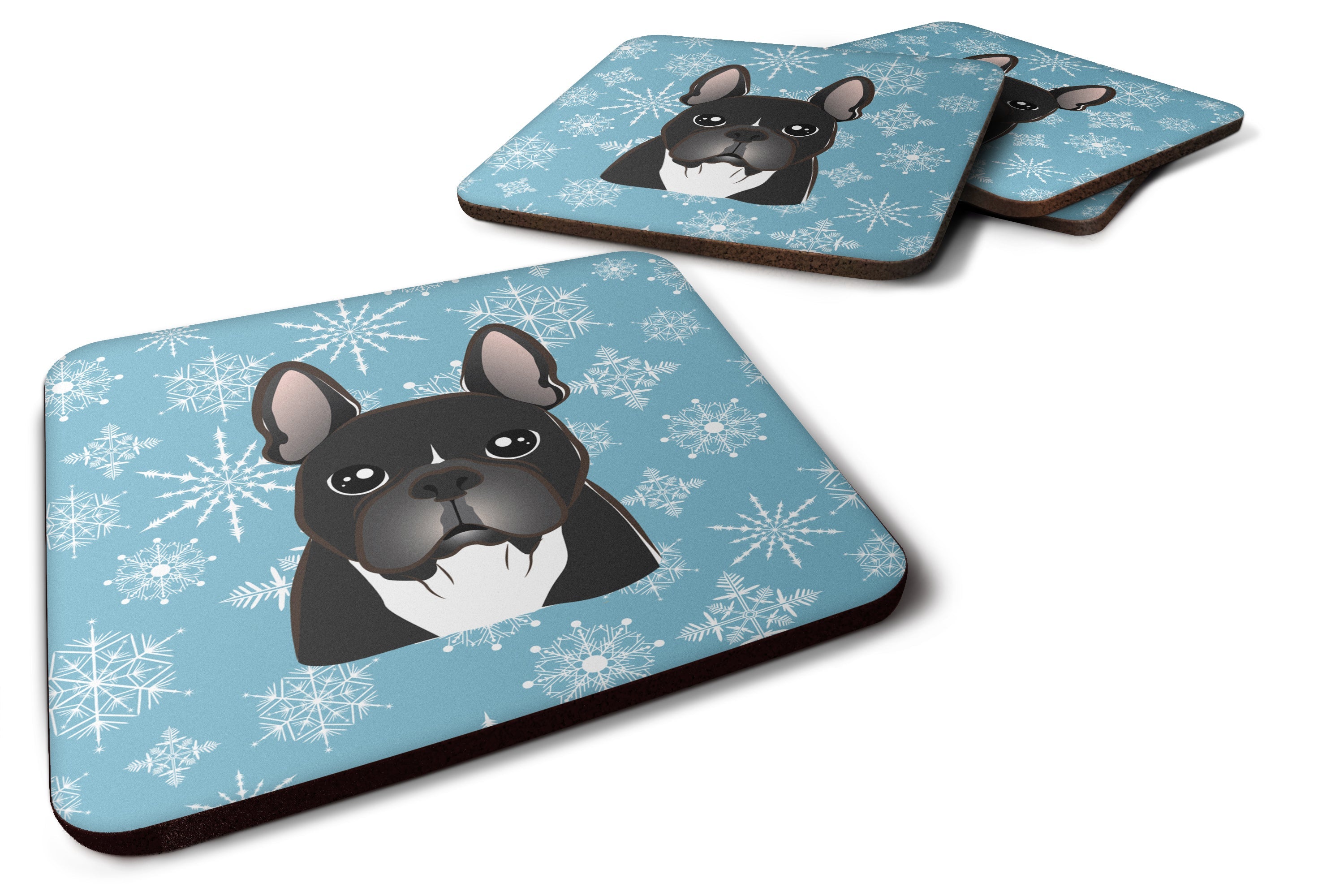 Snowflake French Bulldog Foam Coasters Set of 4 Cup Coasters for Indoor Outdoor, Tabletop Protection, Anti Slip, Mouse pad Material