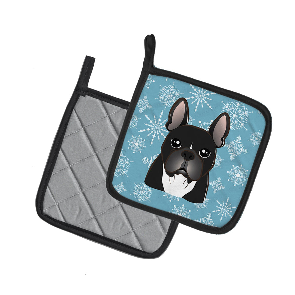 Snowflake French Bulldog Pot Holder Set of 2 Heat Resistant Quilted Hot Pads 7.5 x 7.5 Inch, Insulated Kitchen Trivets for Cooking & Baking
