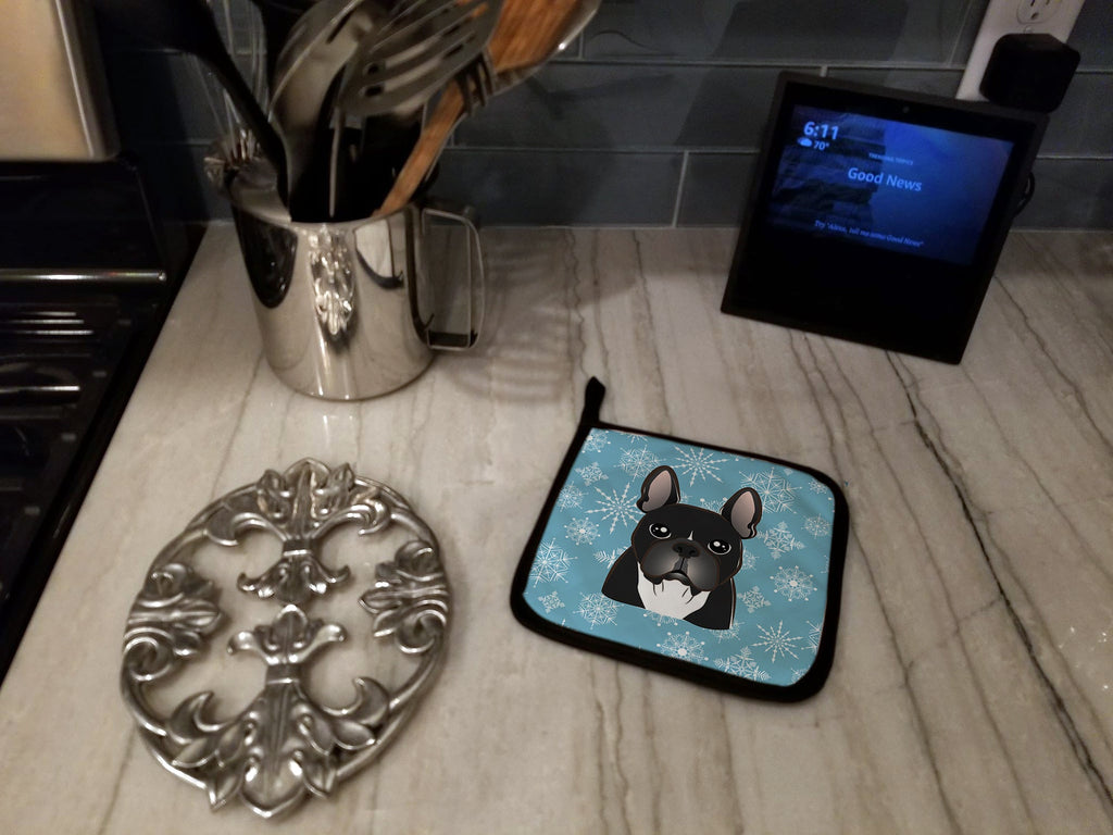Snowflake French Bulldog Pot Holder Set of 2 Heat Resistant Quilted Hot Pads 7.5 x 7.5 Inch, Insulated Kitchen Trivets for Cooking & Baking