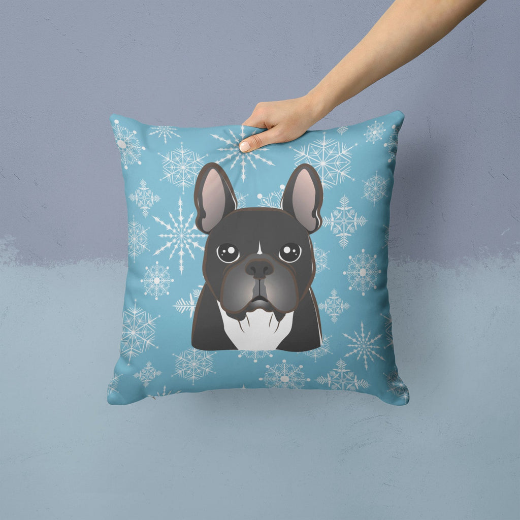 Snowflake French Bulldog Decorative Throw Pillow 14x14 Indoor Outdoor Accent Cushion, Fabric Cover with Insert for Sofa, Bed, Porch & Living Room