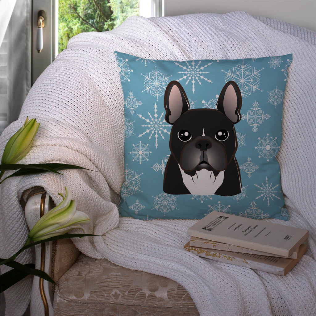 Snowflake French Bulldog Decorative Throw Pillow 14x14 Indoor Outdoor Accent Cushion, Fabric Cover with Insert for Sofa, Bed, Porch & Living Room