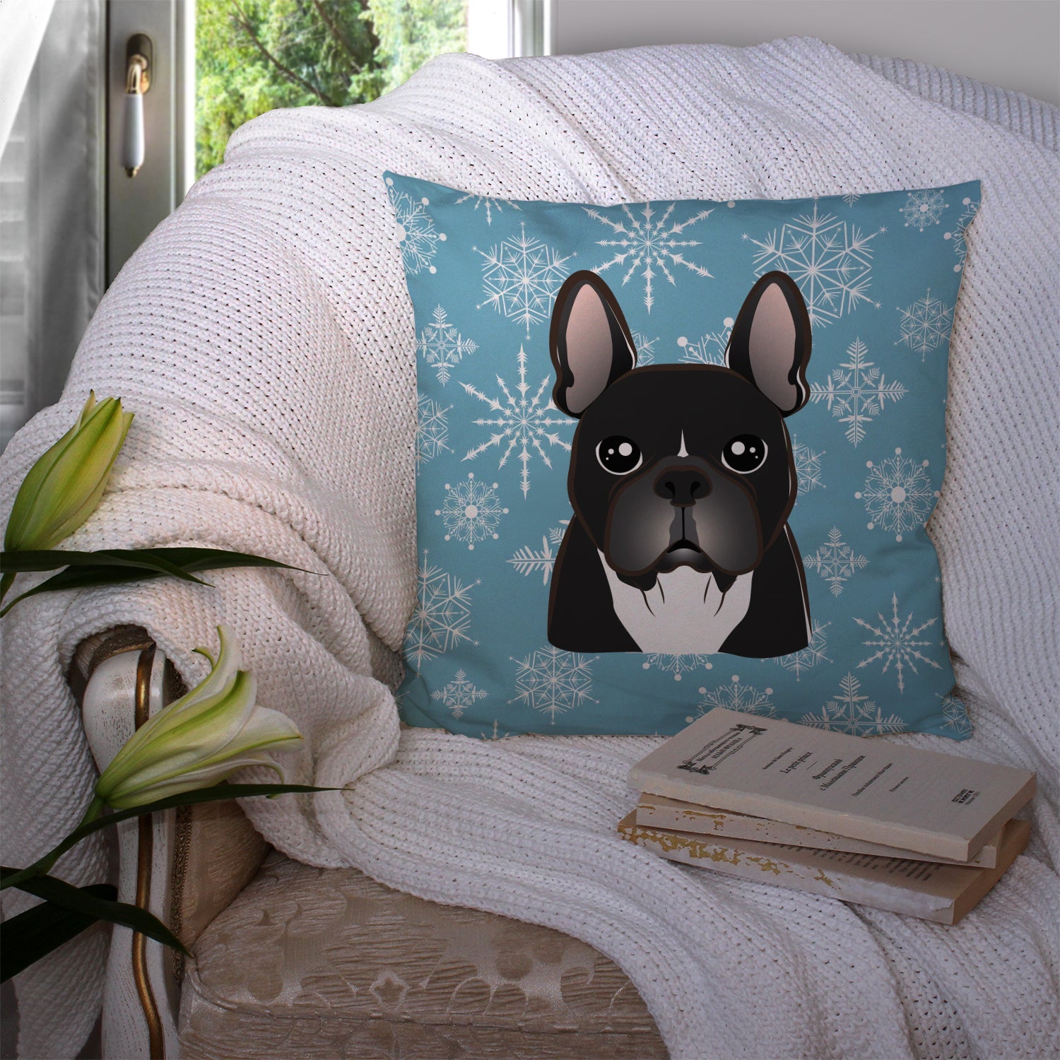 Snowflake French Bulldog Decorative Throw Pillow 14x14 Indoor Outdoor Accent Cushion, Fabric Cover with Insert for Sofa, Bed, Porch & Living Room