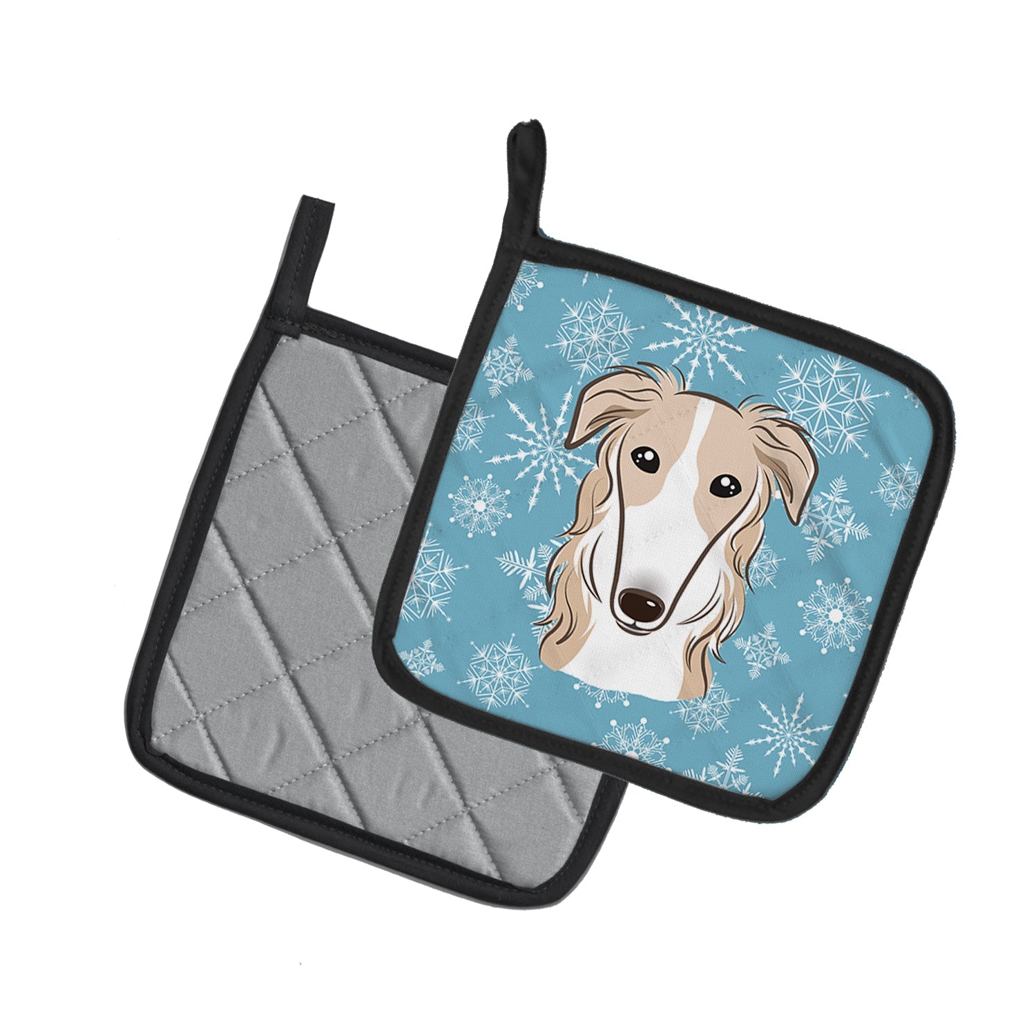 Snowflake Borzoi Pot Holder Set of 2 Heat Resistant Quilted Hot Pads 7.5 x 7.5 Inch, Insulated Kitchen Trivets for Cooking & Baking