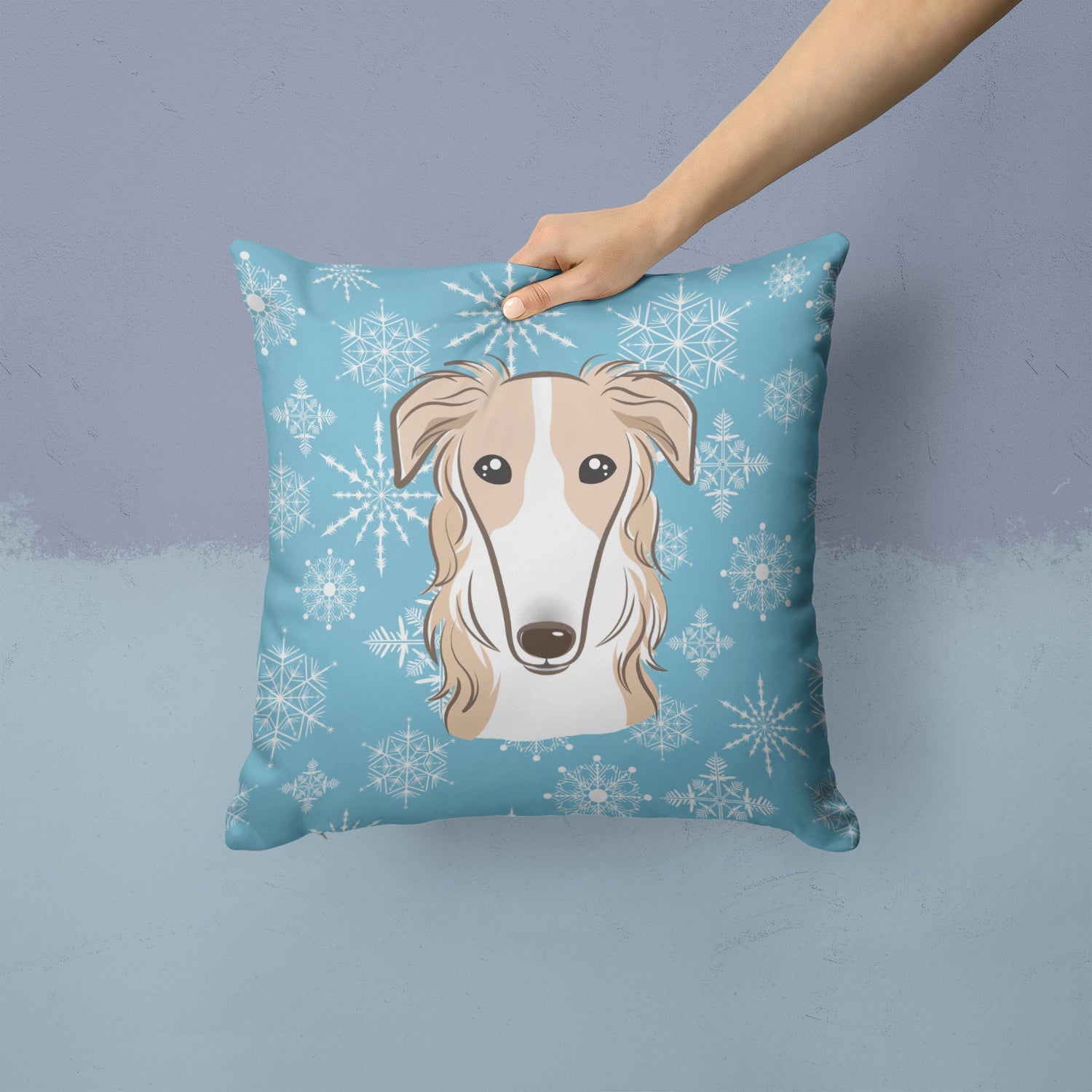 Snowflake Borzoi Decorative Throw Pillow 14x14 Indoor Outdoor Accent Cushion, Fabric Cover with Insert for Sofa, Bed, Porch & Living Room