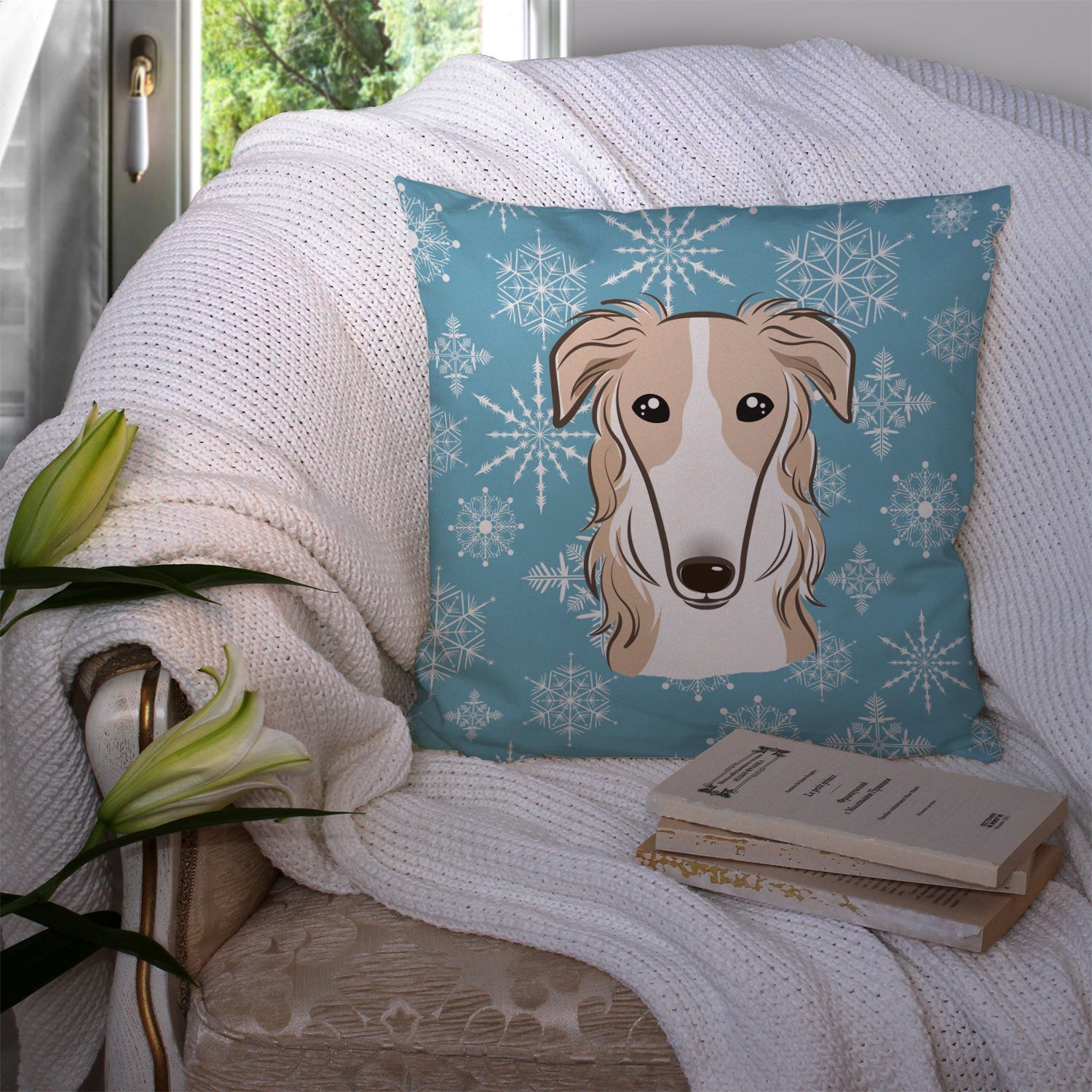 Snowflake Borzoi Decorative Throw Pillow 14x14 Indoor Outdoor Accent Cushion, Fabric Cover with Insert for Sofa, Bed, Porch & Living Room
