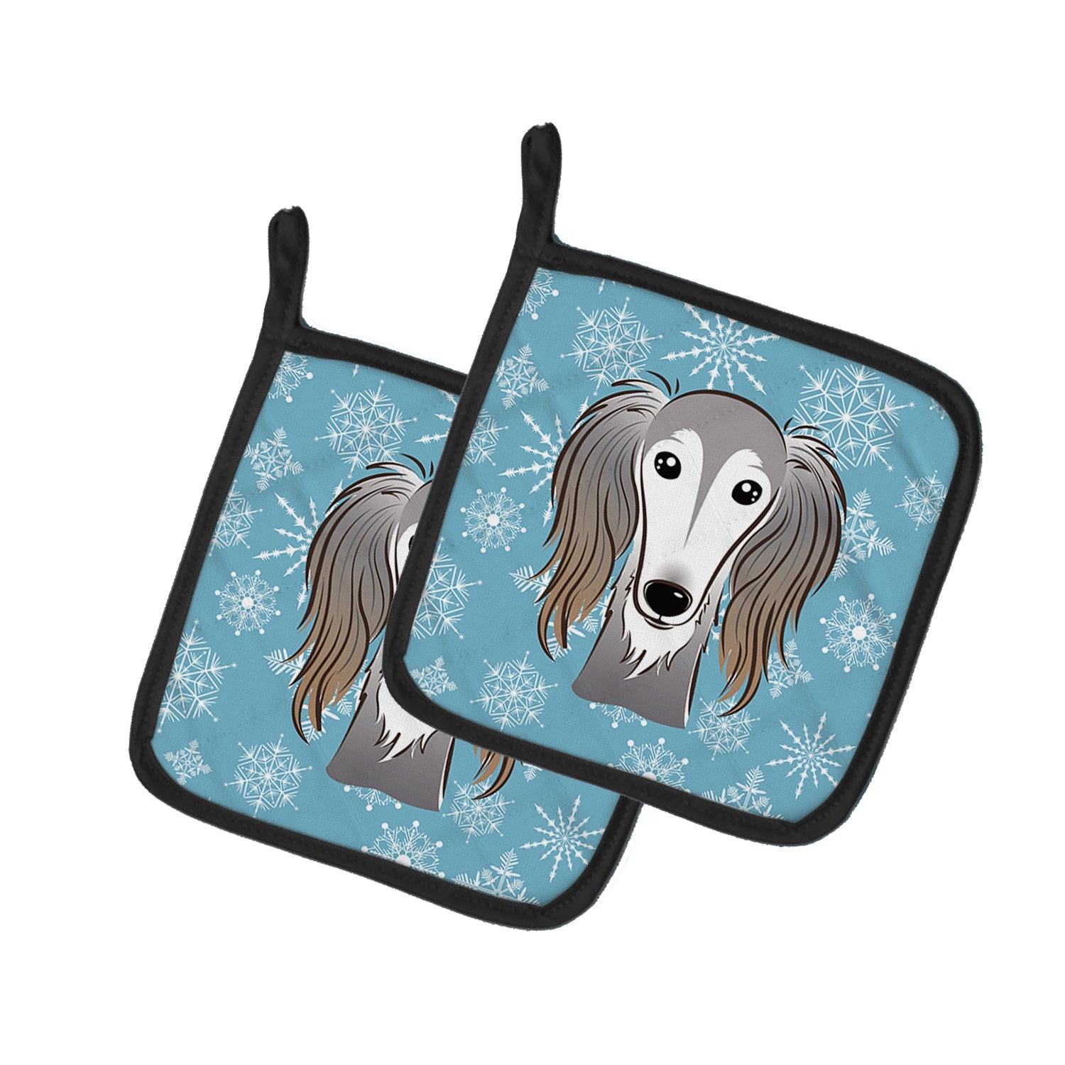 Snowflake Saluki Pot Holder Set of 2 Heat Resistant Quilted Hot Pads 7.5 x 7.5 Inch, Insulated Kitchen Trivets for Cooking & Baking
