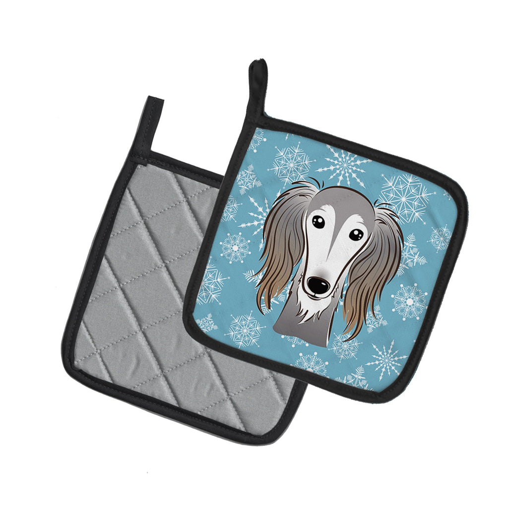 Snowflake Saluki Pot Holder Set of 2 Heat Resistant Quilted Hot Pads 7.5 x 7.5 Inch, Insulated Kitchen Trivets for Cooking & Baking