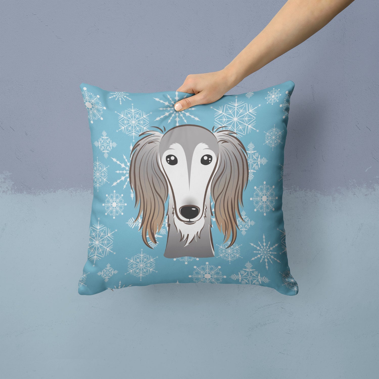 Snowflake Saluki Decorative Throw Pillow 14x14 Indoor Outdoor Accent Cushion, Fabric Cover with Insert for Sofa, Bed, Porch & Living Room