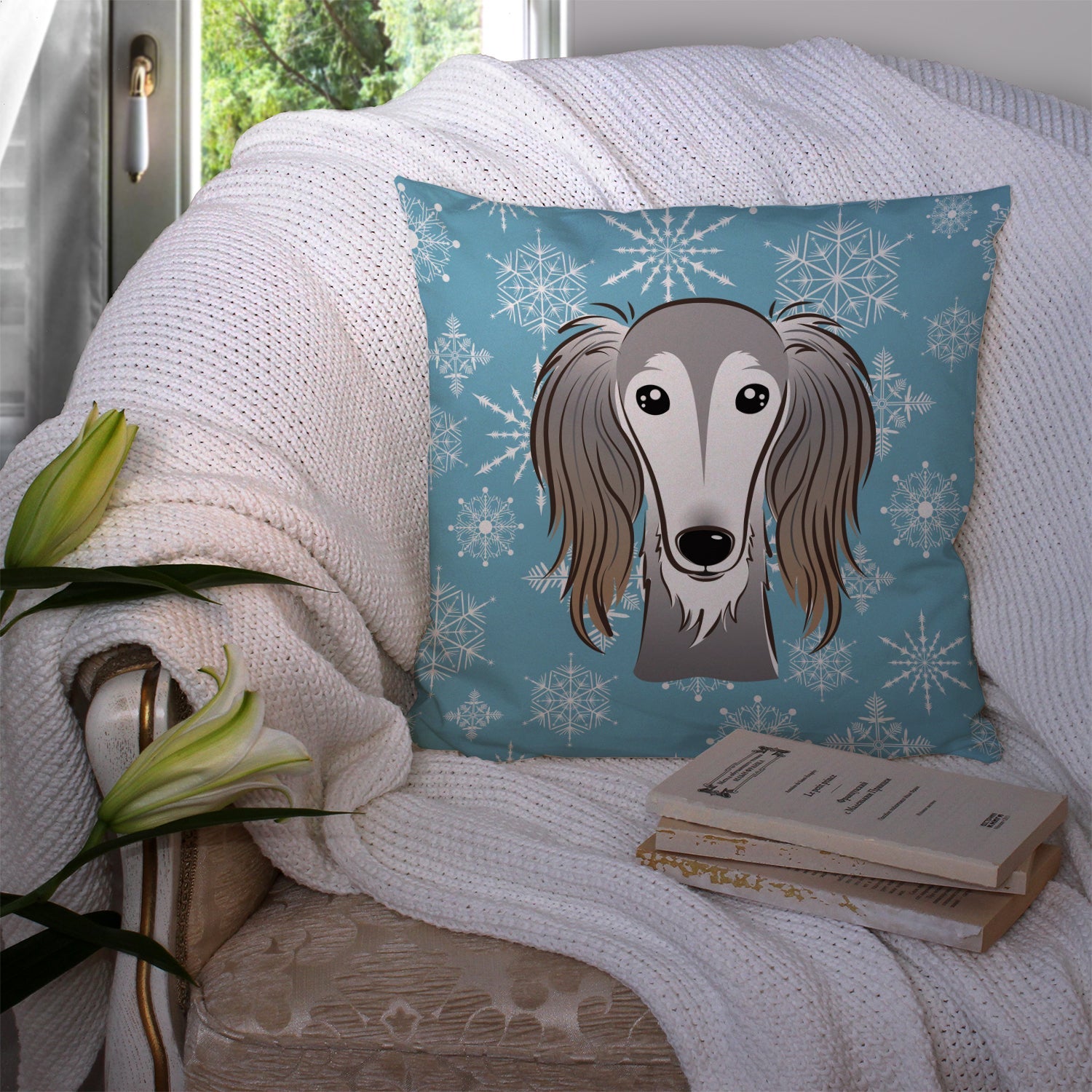 Snowflake Saluki Decorative Throw Pillow 14x14 Indoor Outdoor Accent Cushion, Fabric Cover with Insert for Sofa, Bed, Porch & Living Room