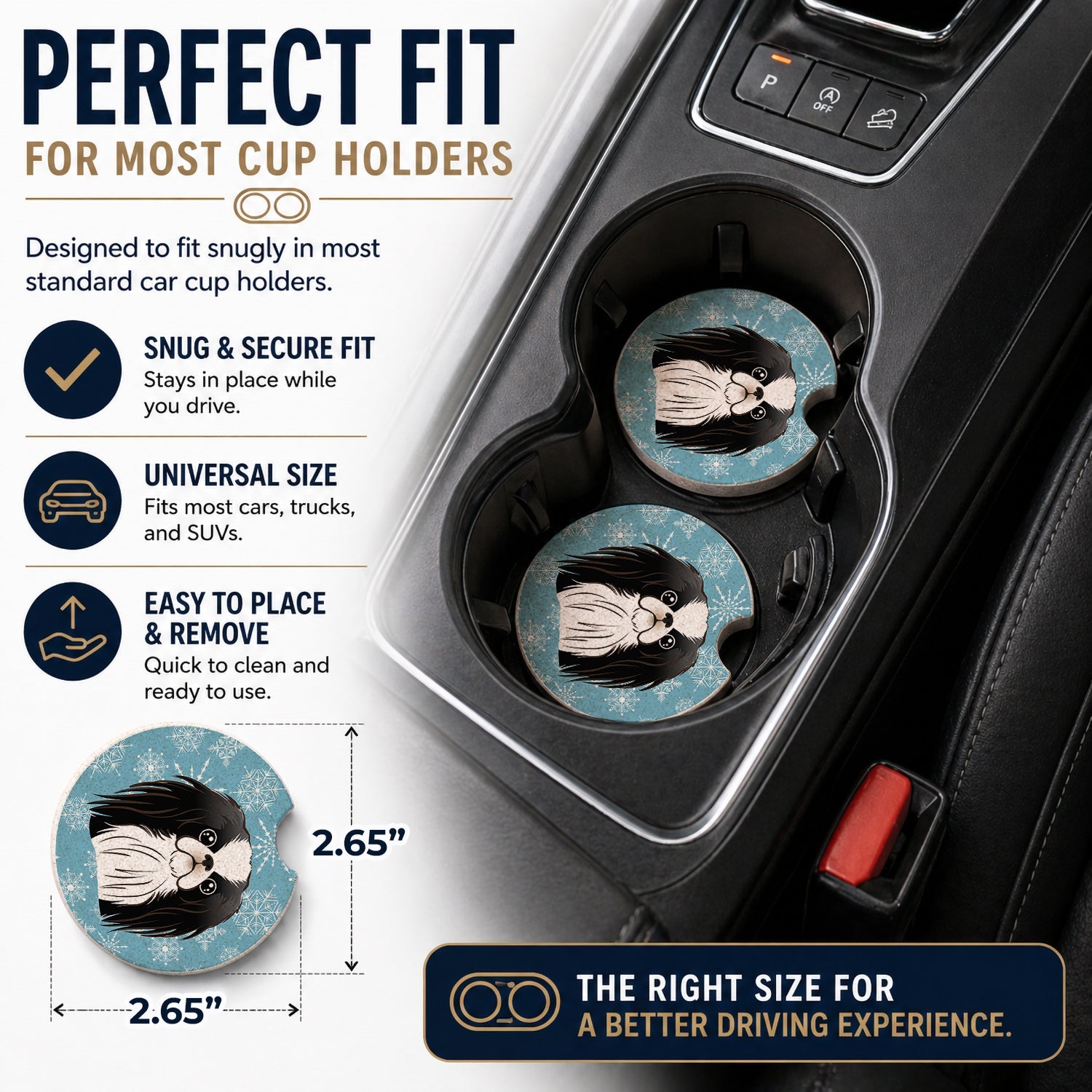 Snowflake Japanese Chin Set of 2 Cup Holder Car Coasters Absorbent Round Sandstone Coasters Gifts for Men or Women, 2.5, Multicolor