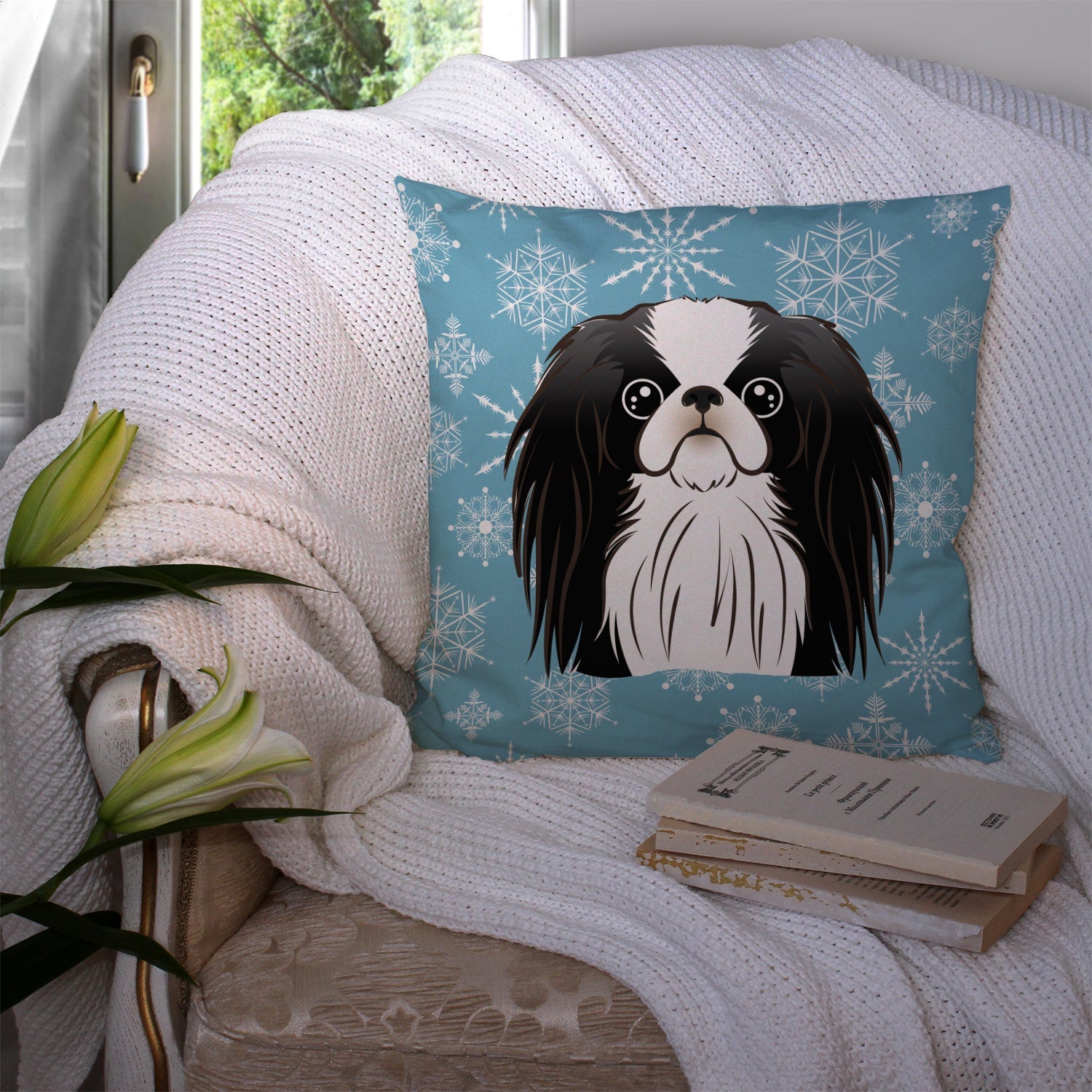 Snowflake Japanese Chin Decorative Throw Pillow 14x14 Indoor Outdoor Accent Cushion, Fabric Cover with Insert for Sofa, Bed, Porch & Living Room