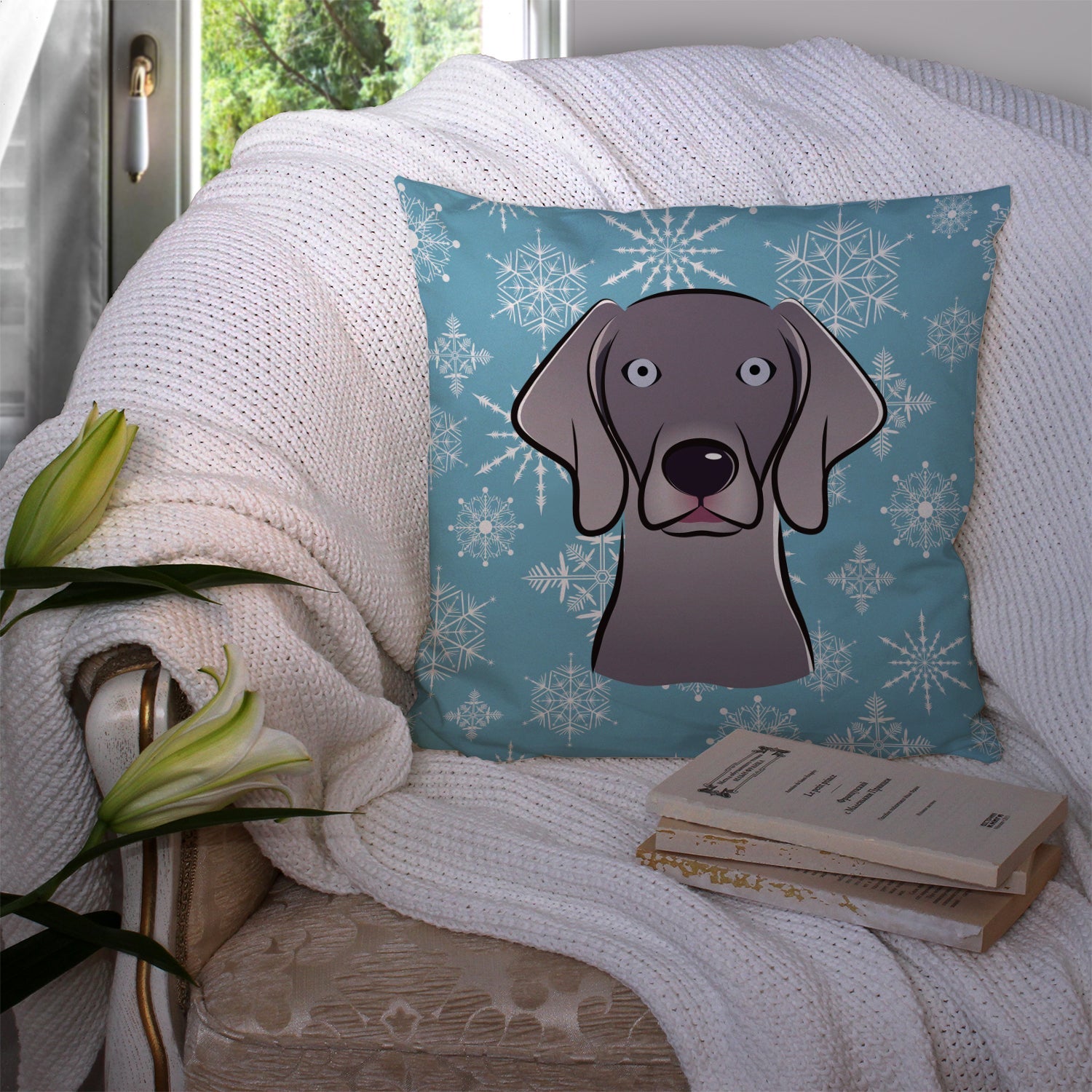 Snowflake Weimaraner Decorative Throw Pillow 14x14 Indoor Outdoor Accent Cushion, Fabric Cover with Insert for Sofa, Bed, Porch & Living Room