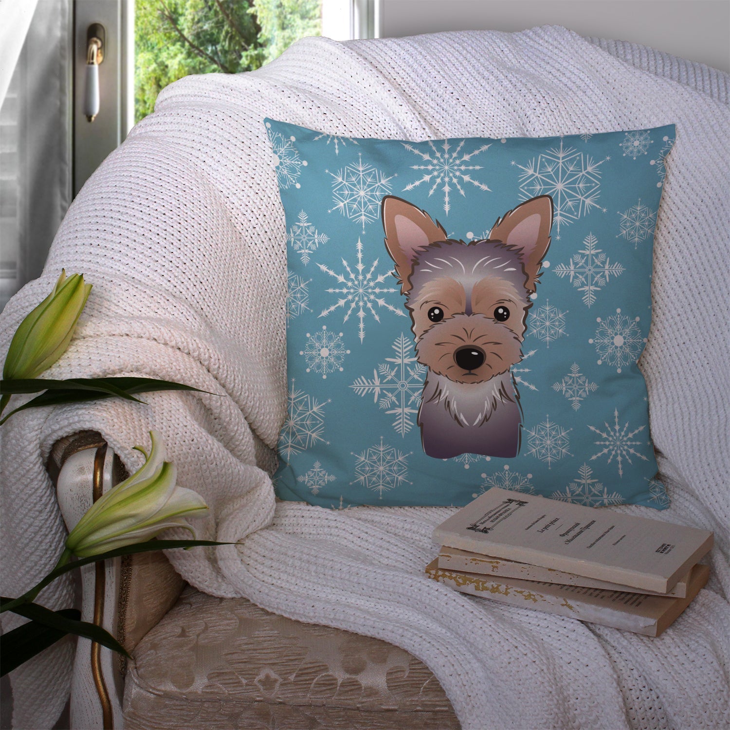 Snowflake Yorkie Puppy Decorative Throw Pillow 14x14 Indoor Outdoor Accent Cushion, Fabric Cover with Insert for Sofa, Bed, Porch & Living Room