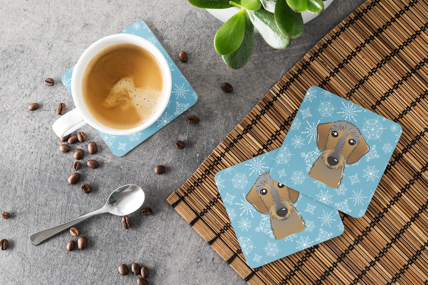 Snowflake Wirehaired Dachshund Foam Coasters Set of 4 Cup Coasters for Indoor Outdoor, Tabletop Protection, Anti Slip, Mouse pad Material