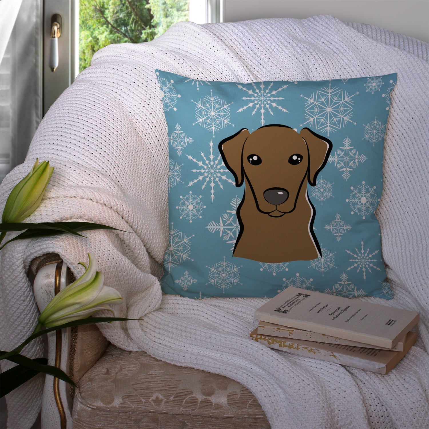 Snowflake Chocolate Labrador Decorative Throw Pillow 14x14 Indoor Outdoor Accent Cushion, Fabric Cover with Insert for Sofa, Bed, Porch & Living Room