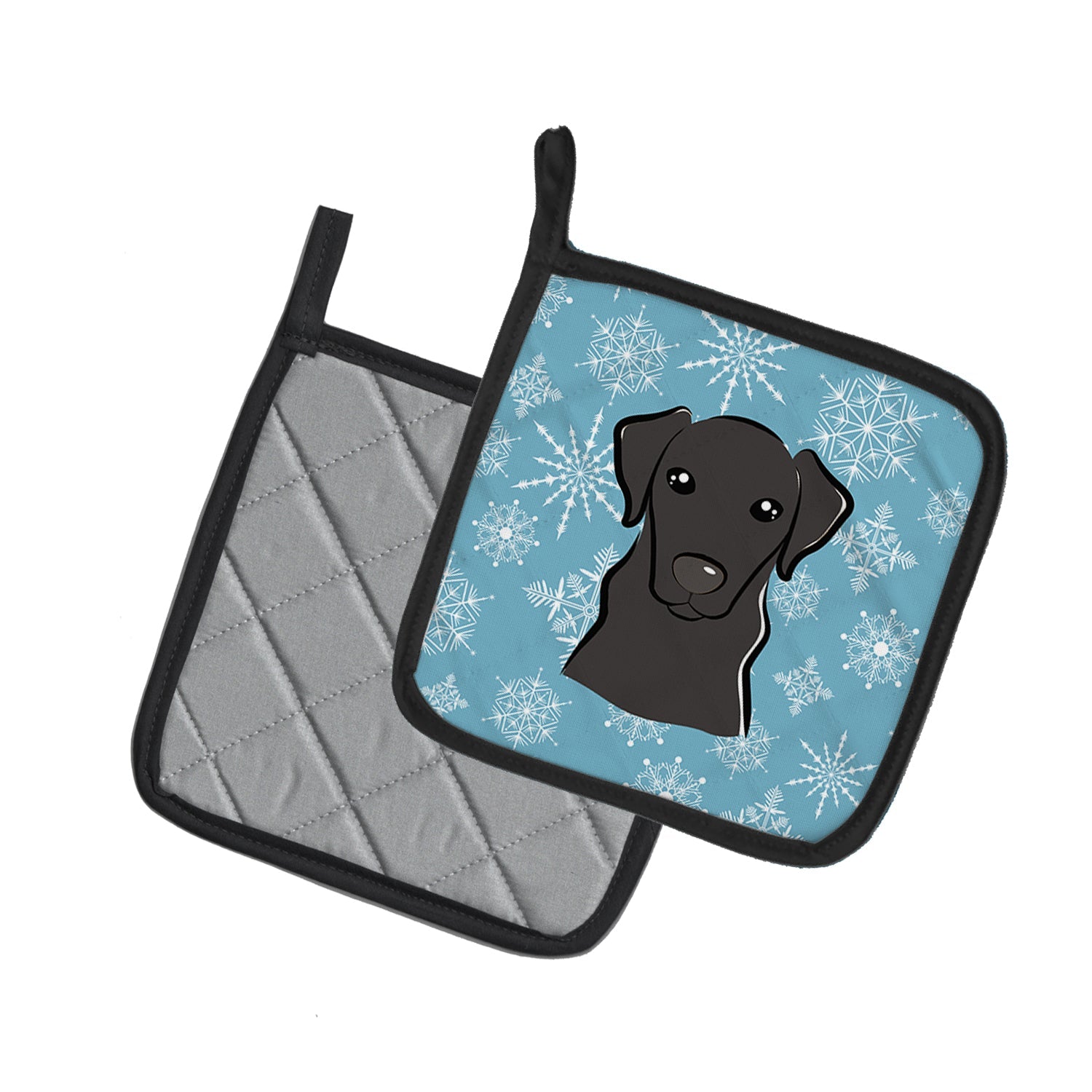 Snowflake Black Labrador Pot Holder Set of 2 Heat Resistant Quilted Hot Pads 7.5 x 7.5 Inch, Insulated Kitchen Trivets for Cooking & Baking
