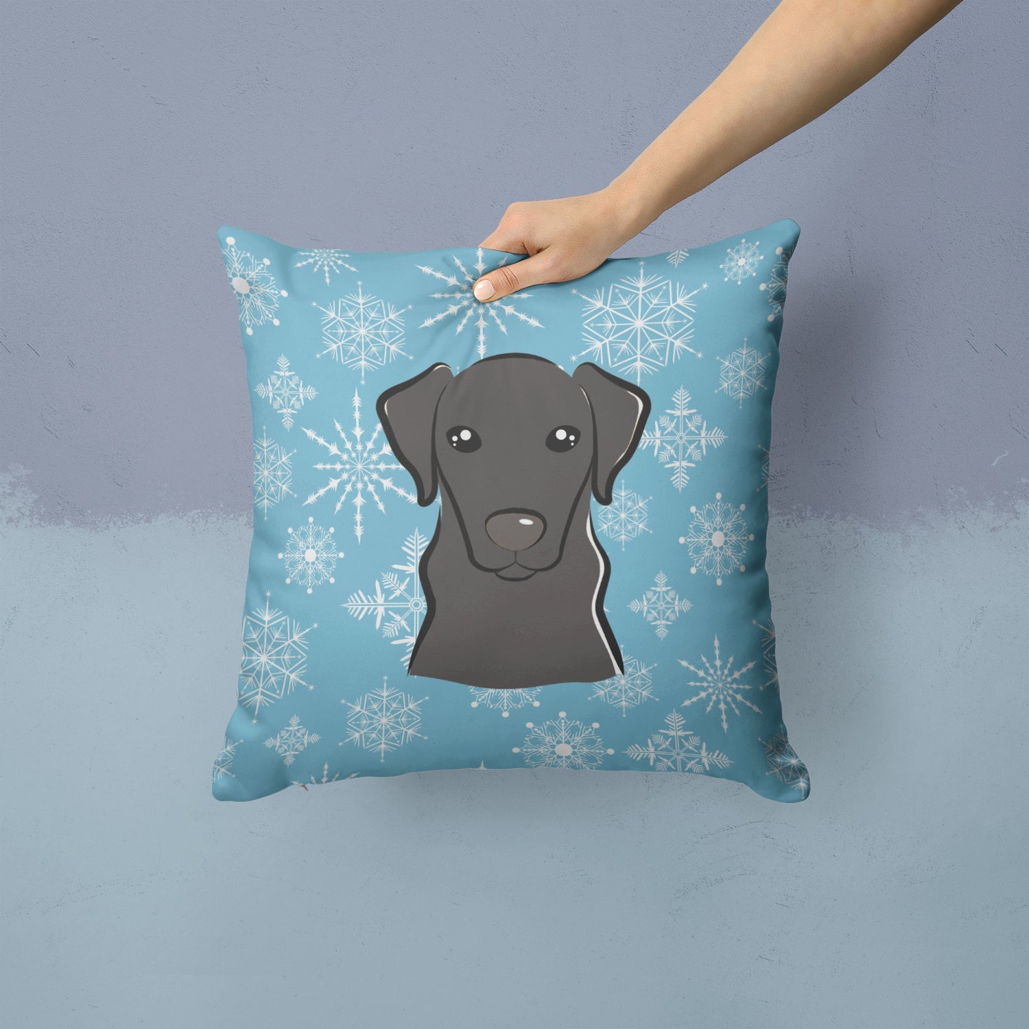 Snowflake Black Labrador Decorative Throw Pillow 14x14 Indoor Outdoor Accent Cushion, Fabric Cover with Insert for Sofa, Bed, Porch & Living Room