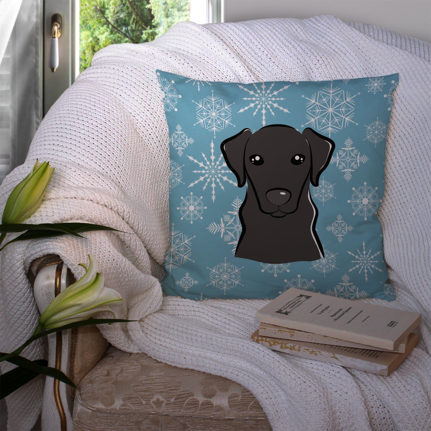 Snowflake Black Labrador Decorative Throw Pillow 14x14 Indoor Outdoor Accent Cushion, Fabric Cover with Insert for Sofa, Bed, Porch & Living Room