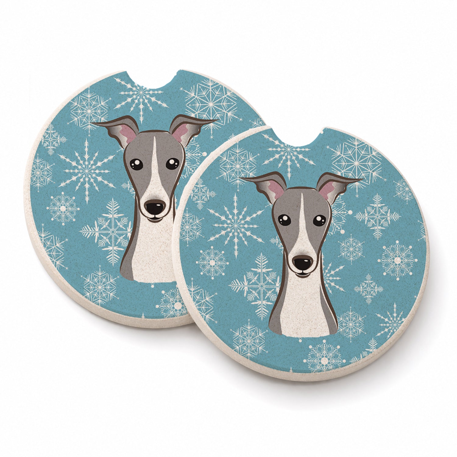 Snowflake Italian Greyhound Set of 2 Cup Holder Car Coasters Absorbent Round Sandstone Coasters Gifts for Men or Women, 2.5, Multicolor