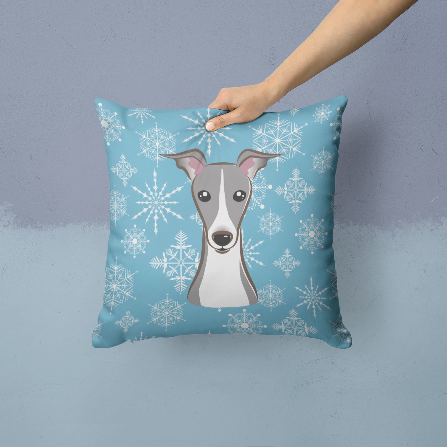 Snowflake Italian Greyhound Decorative Throw Pillow 14x14 Indoor Outdoor Accent Cushion, Fabric Cover with Insert for Sofa, Bed, Porch & Living Room