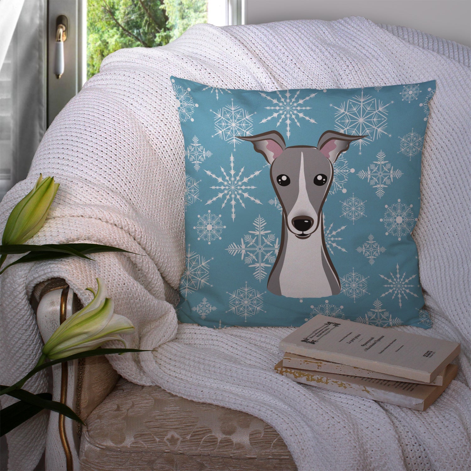 Snowflake Italian Greyhound Decorative Throw Pillow 14x14 Indoor Outdoor Accent Cushion, Fabric Cover with Insert for Sofa, Bed, Porch & Living Room