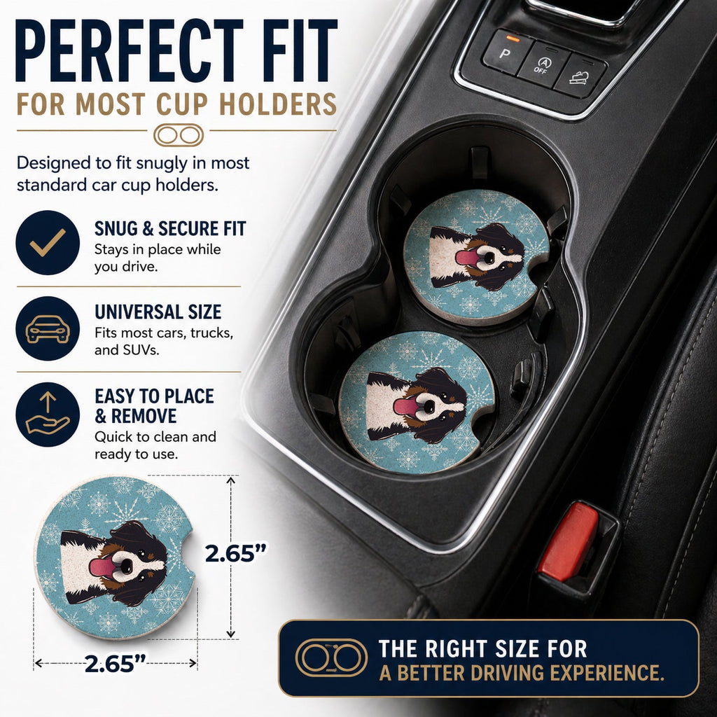 Snowflake Bernese Mountain Dog Set of 2 Cup Holder Car Coasters Absorbent Round Sandstone Coasters Gifts for Men or Women, 2.5, Multicolor